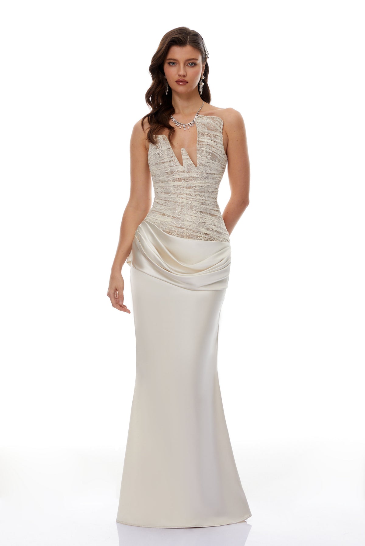 Marietjie Champagne Asymmetrical Maxi Dress with Satin Panels