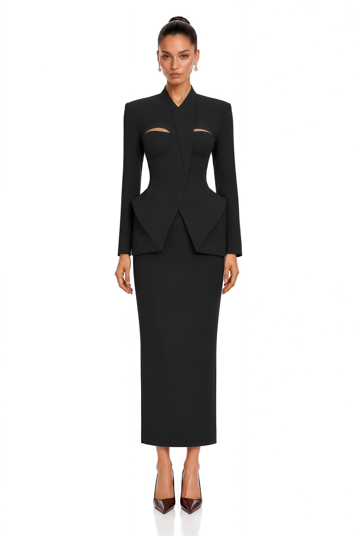 marietta black structured blazer & pencil midi skirt set