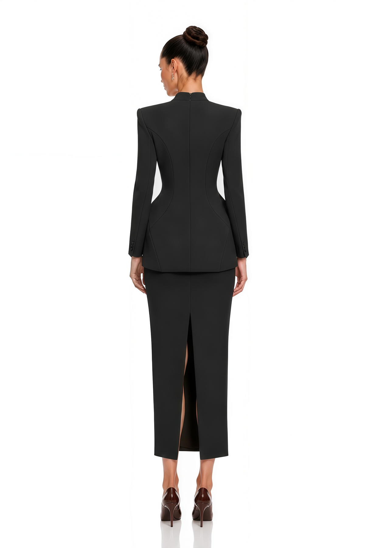 marietta black structured blazer & pencil midi skirt set