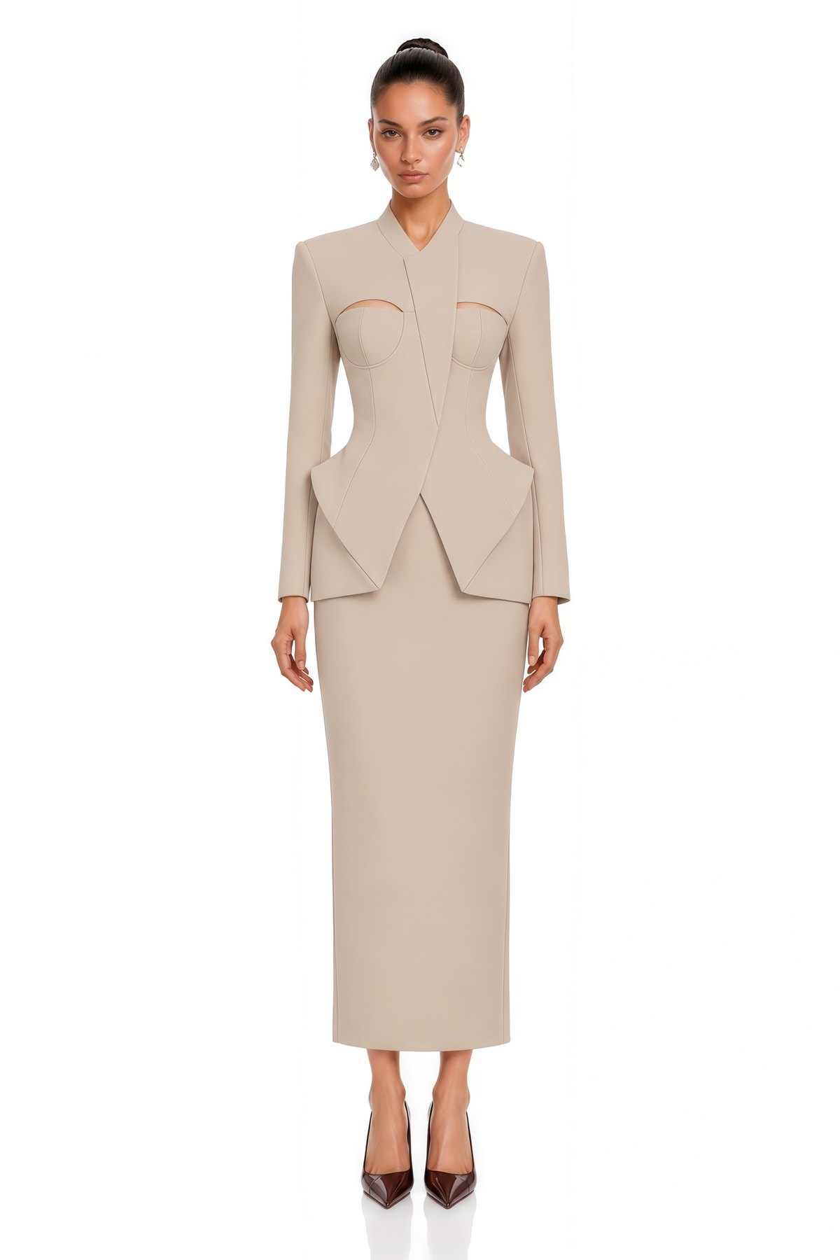 marietta neutral structured blazer & pencil midi skirt set