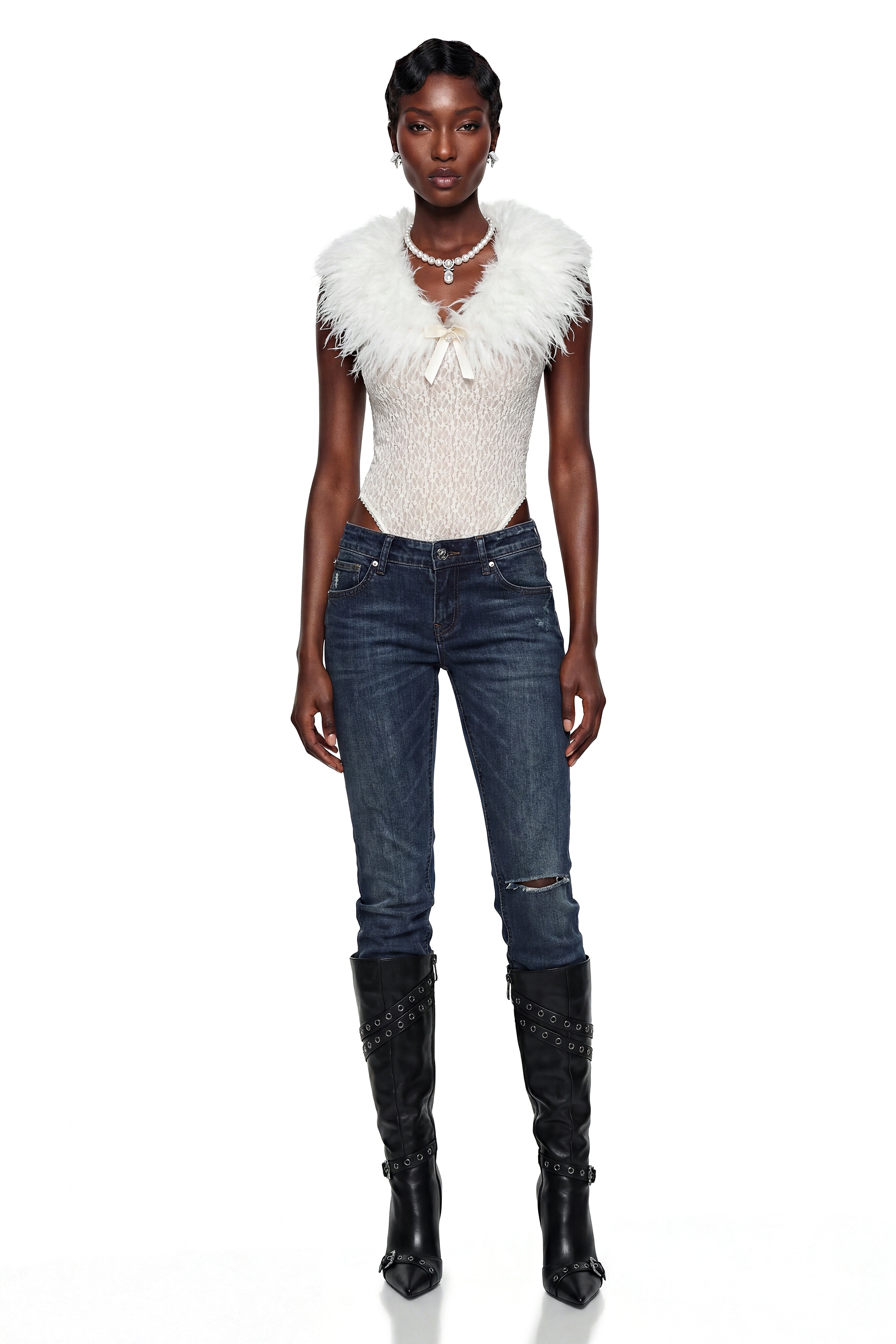 Iratxe White Lace Bodysuit with Feather Collar