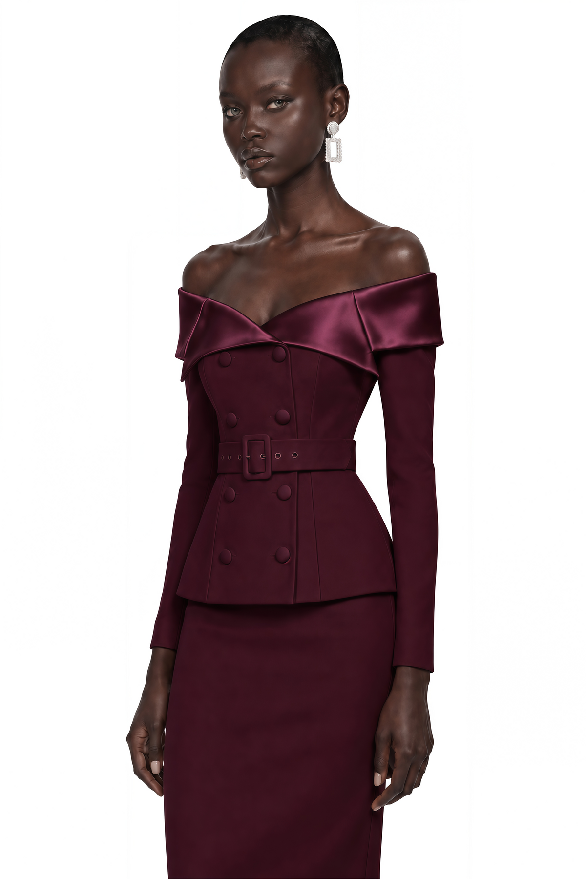 maristella burgundy off shoulder belted blazer & midi skirt set