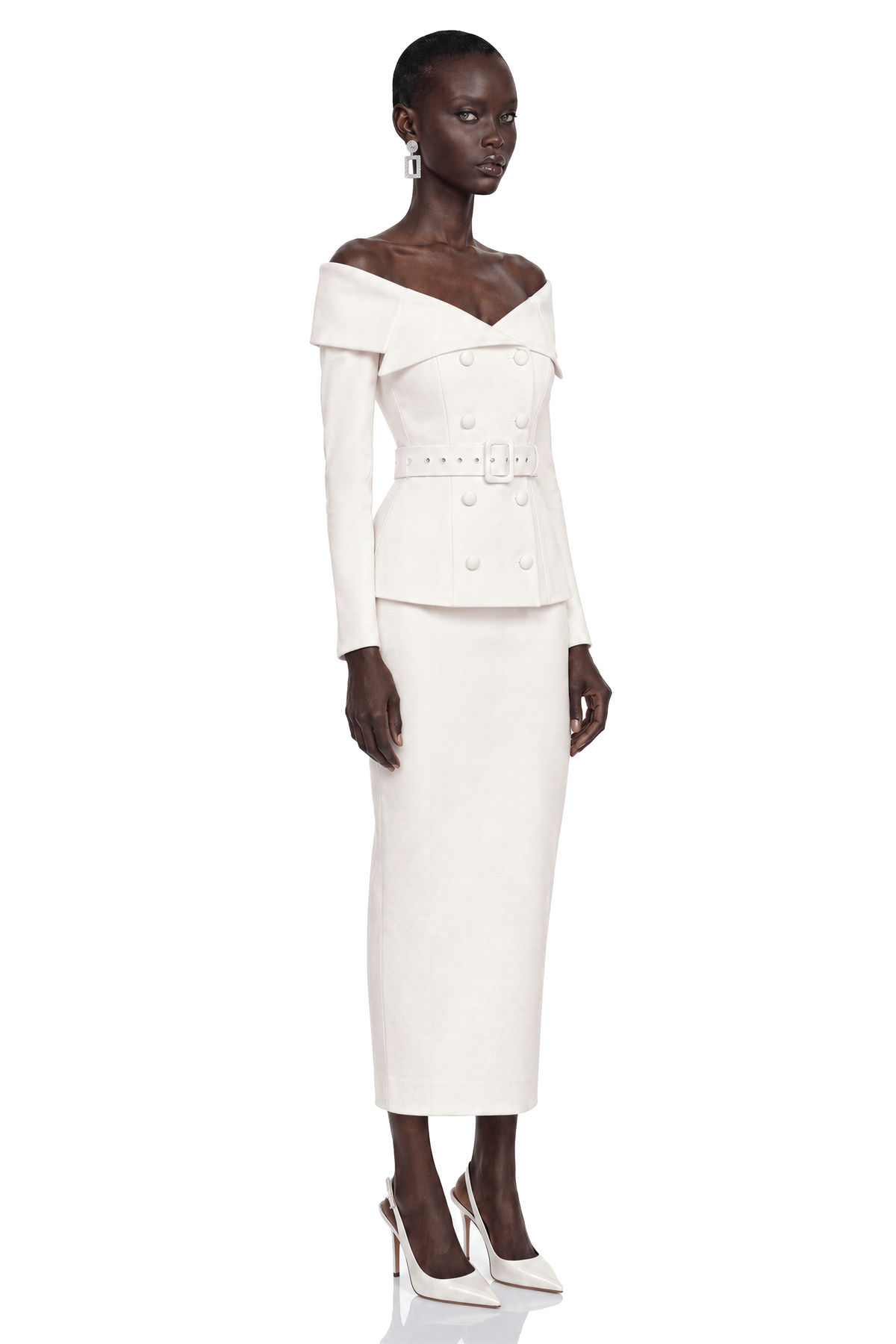 maristella white off shoulder belted blazer & midi skirt set