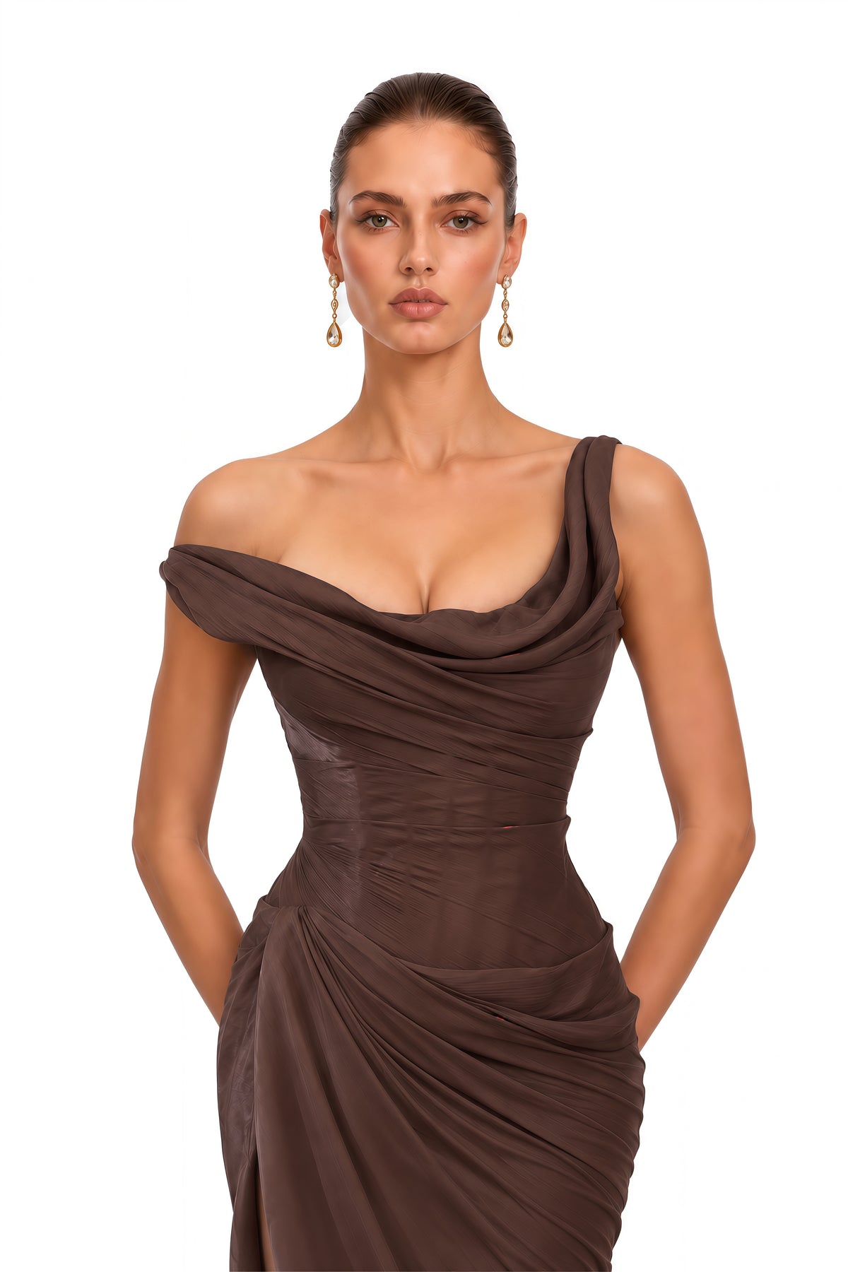 maristelle chocolate brown asymmetrical draped maxi dress