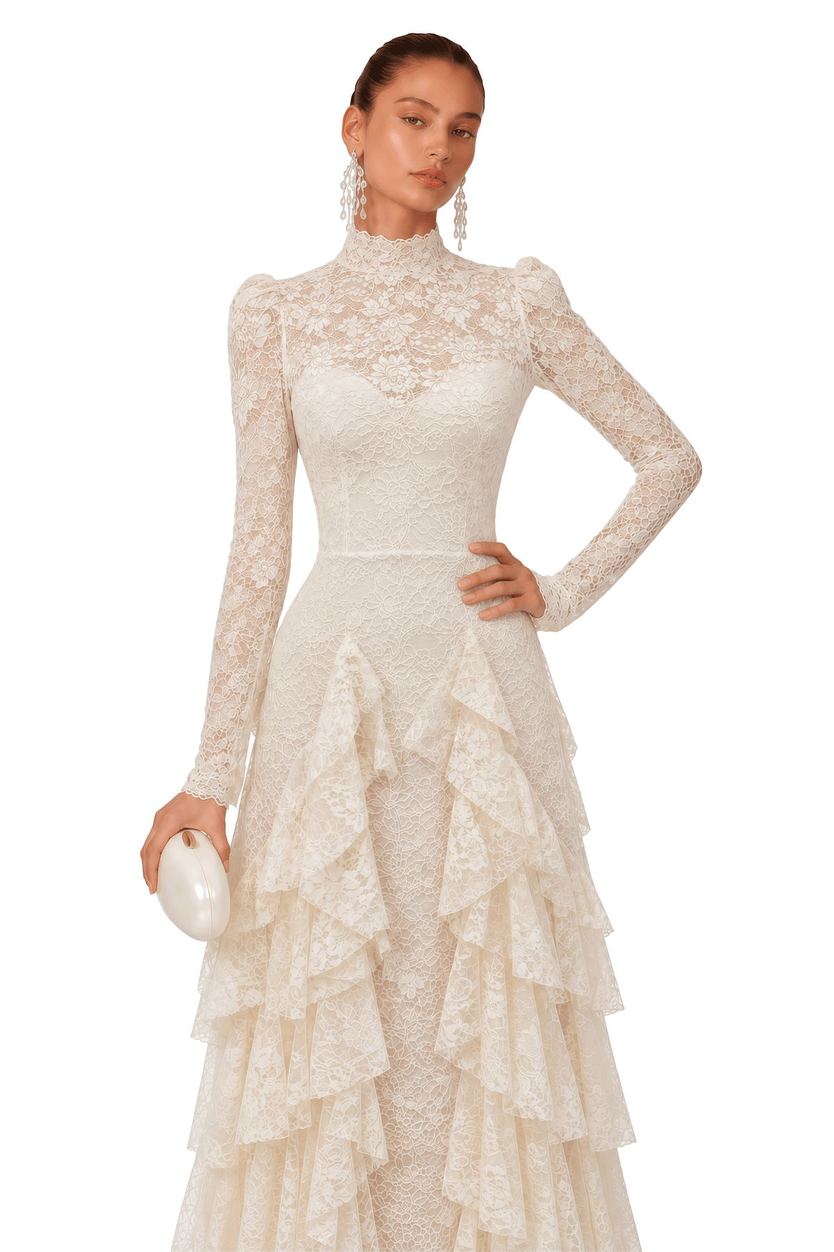 marjorie white lace high neck ruffled maxi dress