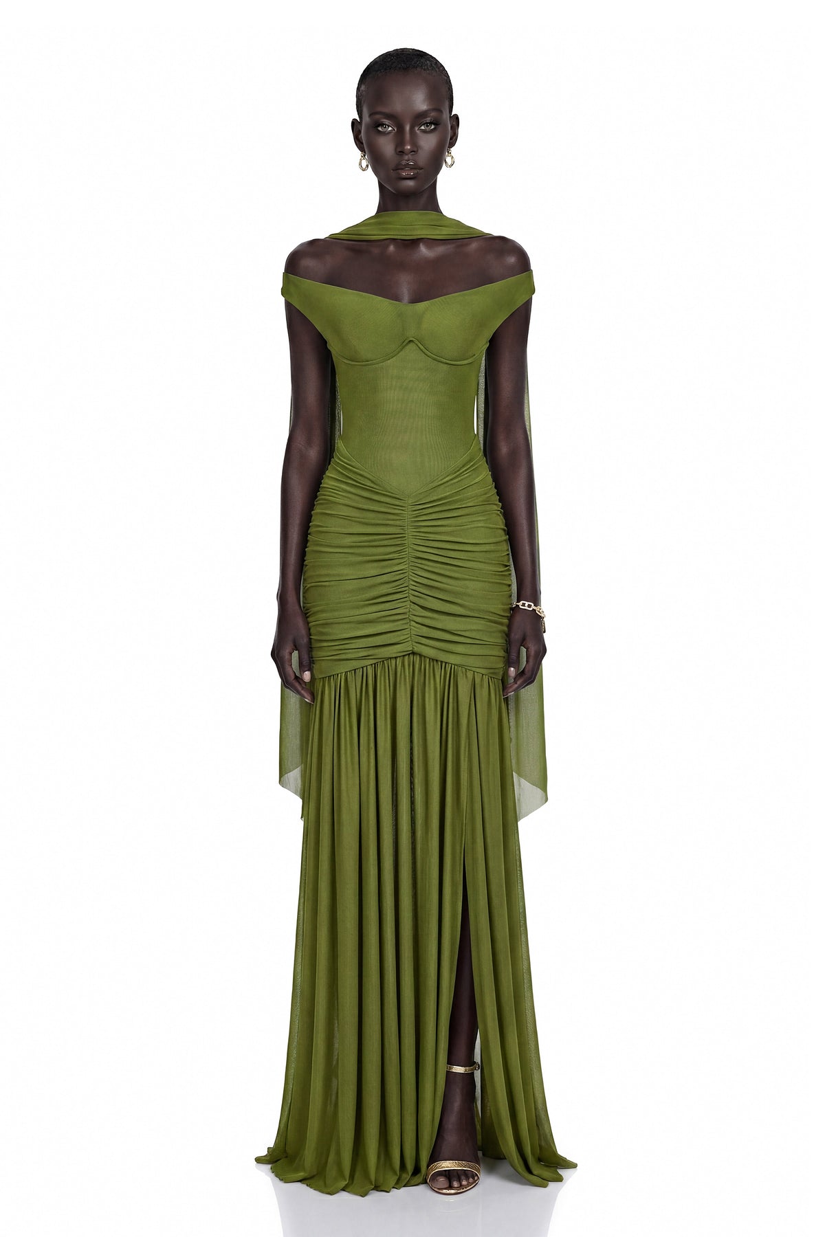 Geneviève Green Off Shoulder Ruched Maxi Dress