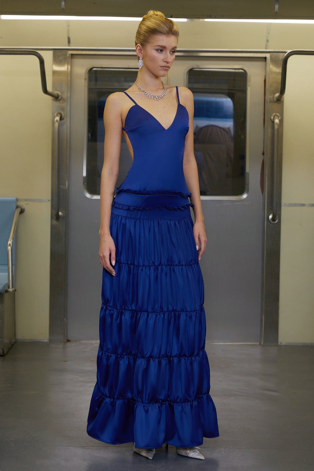 Martina Blue Open Back Tiered Maxi Dress