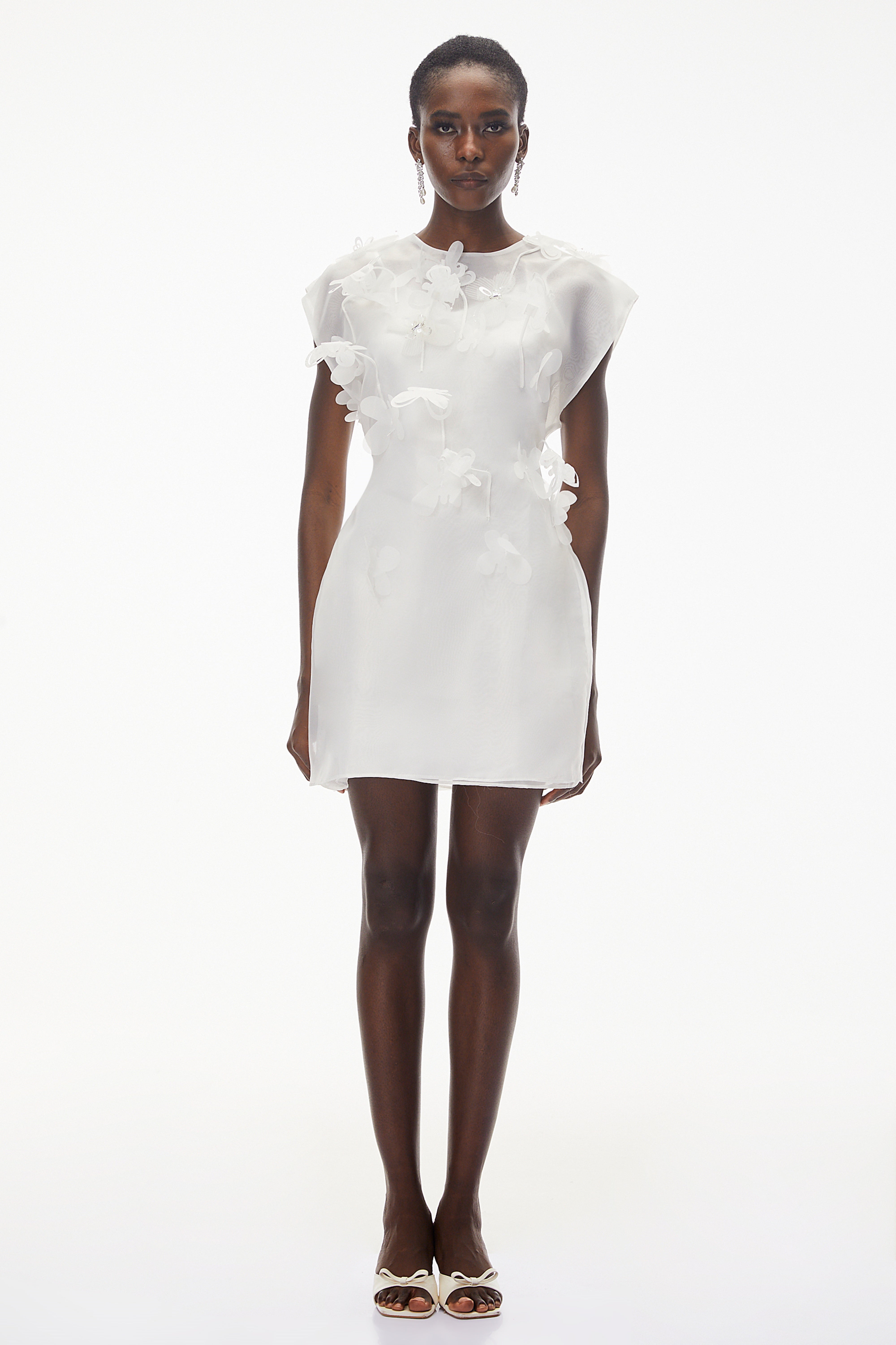 Maryam White Chiffon Mini Dress with 3D Petals