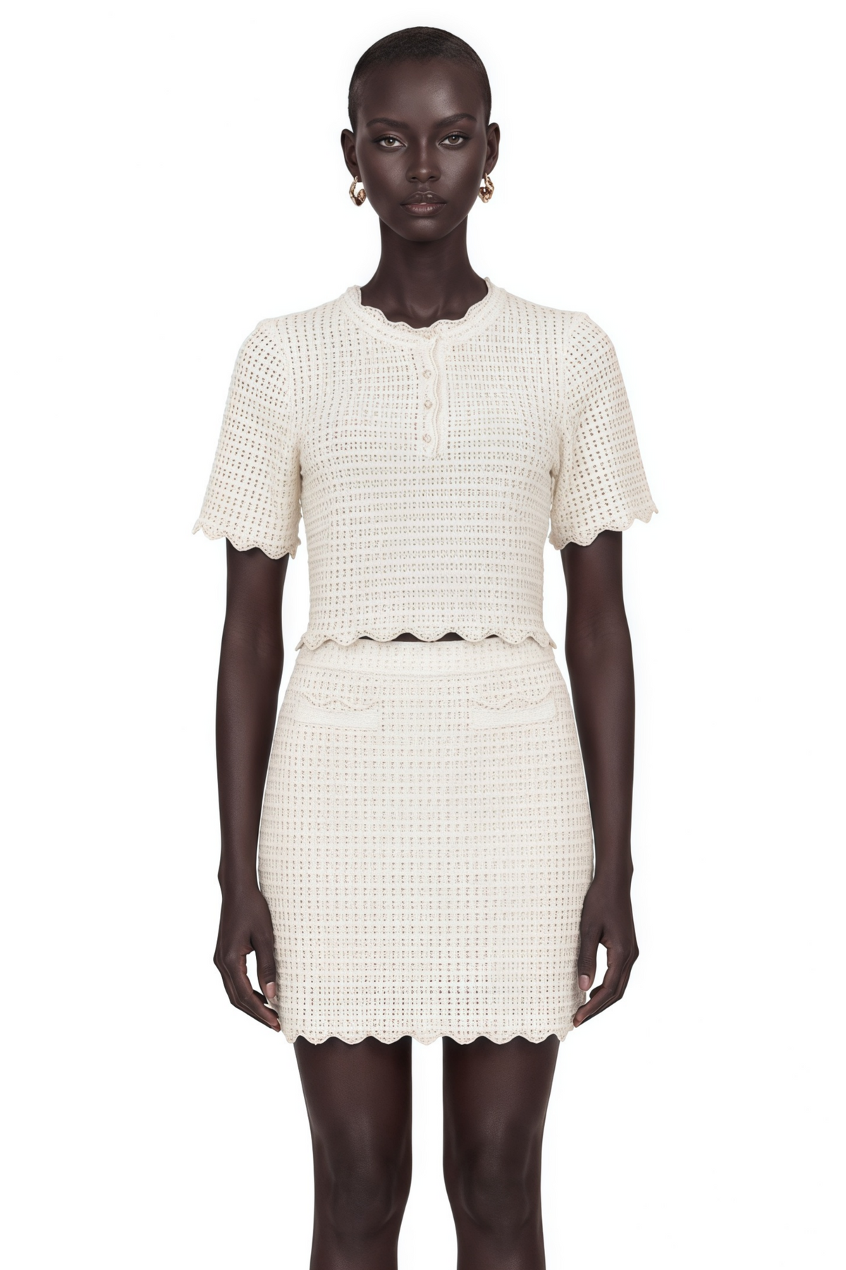 maxanne cream-white ruffled pointelle-knit top & skirt matching set