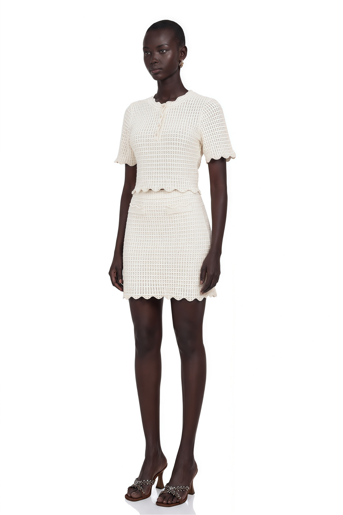 maxanne cream-white ruffled pointelle-knit top & skirt matching set