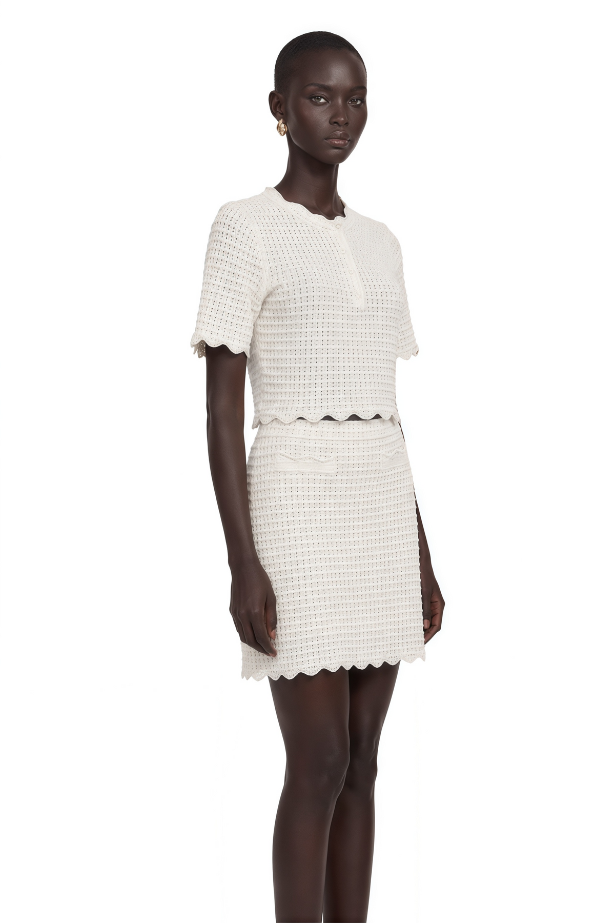 maxanne cream-white ruffled pointelle-knit top & skirt matching set