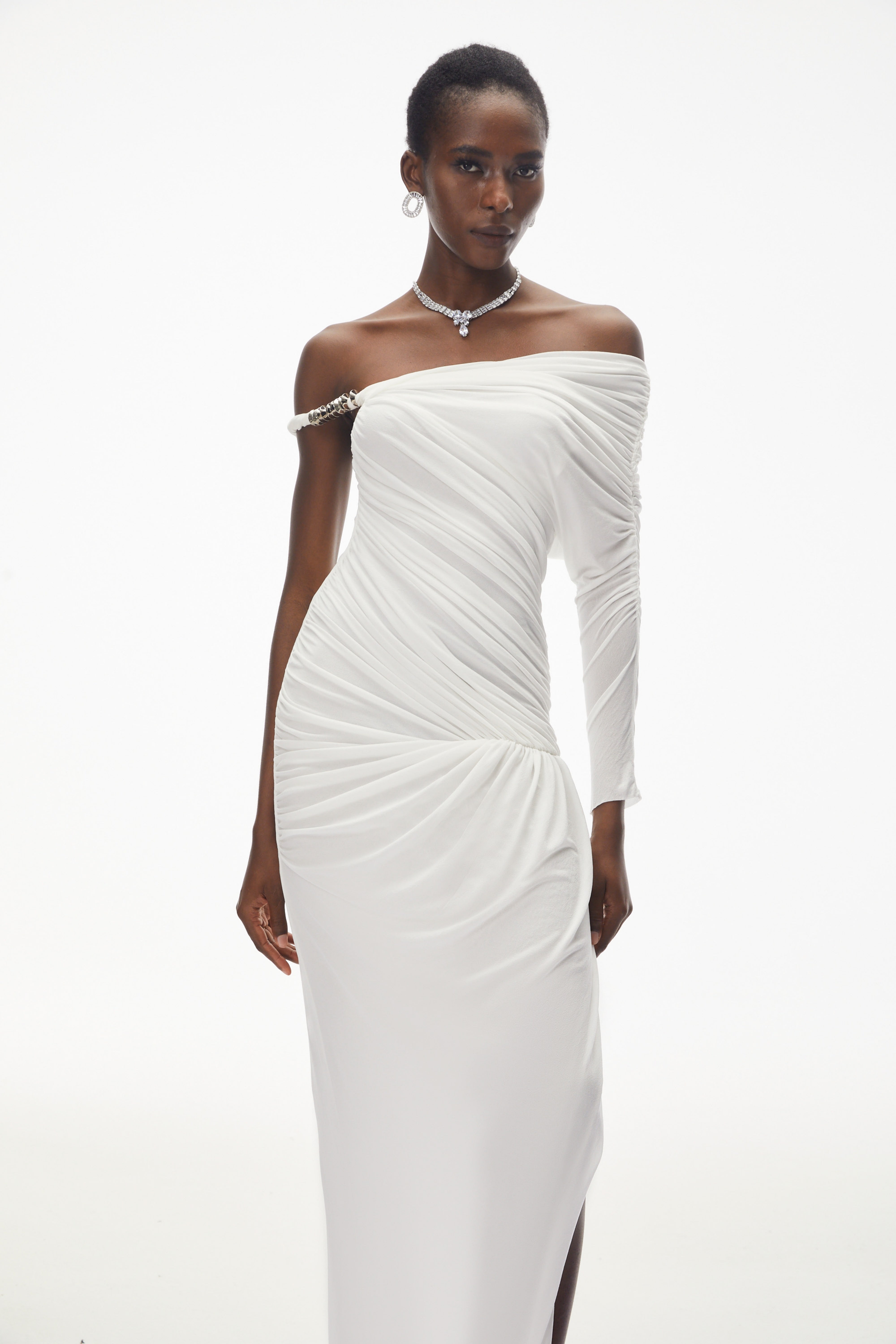Maya White One Shoulder Ruched Maxi Dress