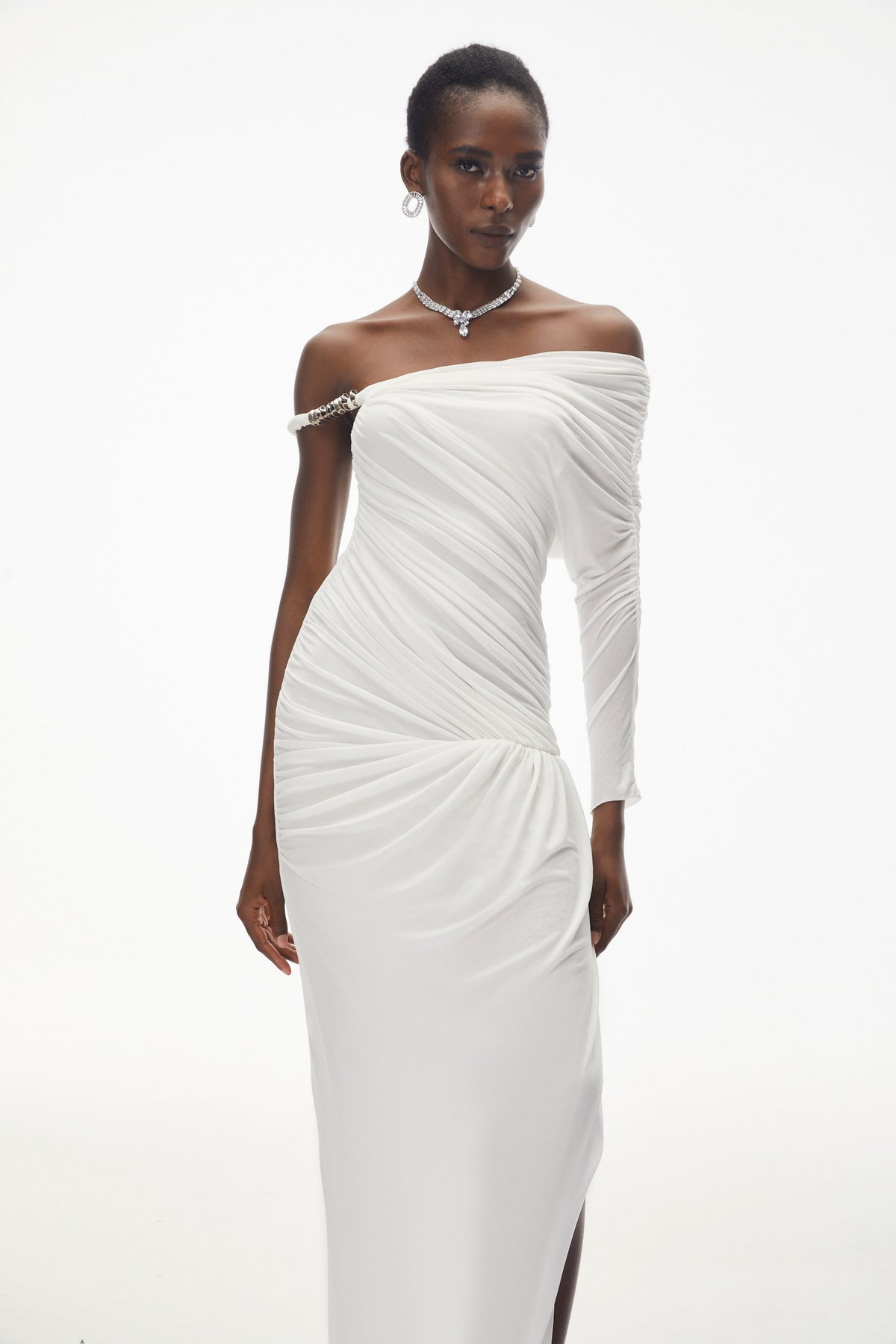 Maya White One Shoulder Ruched Maxi Dress