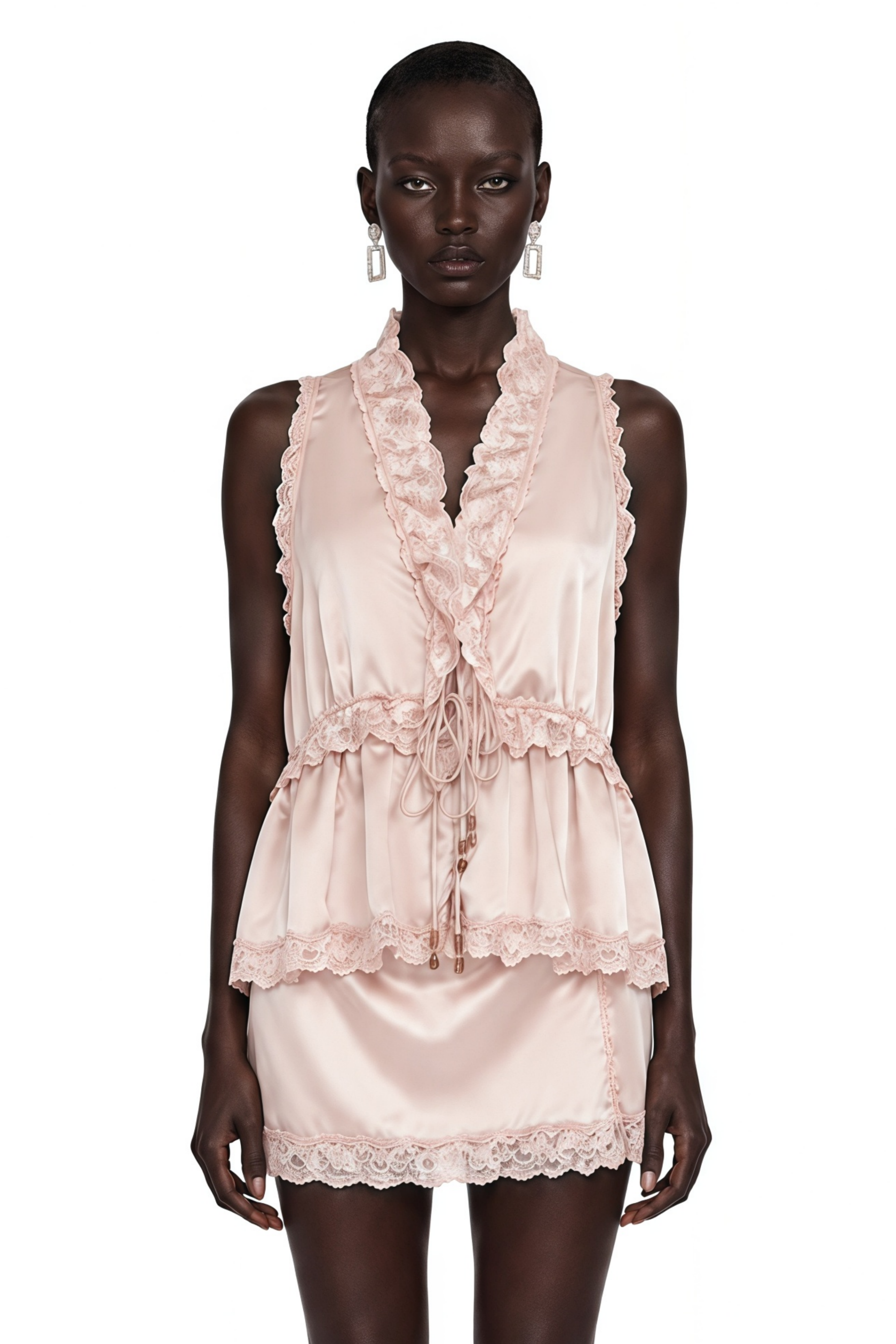 Megan Pink Ruffled Top with Lace Trim