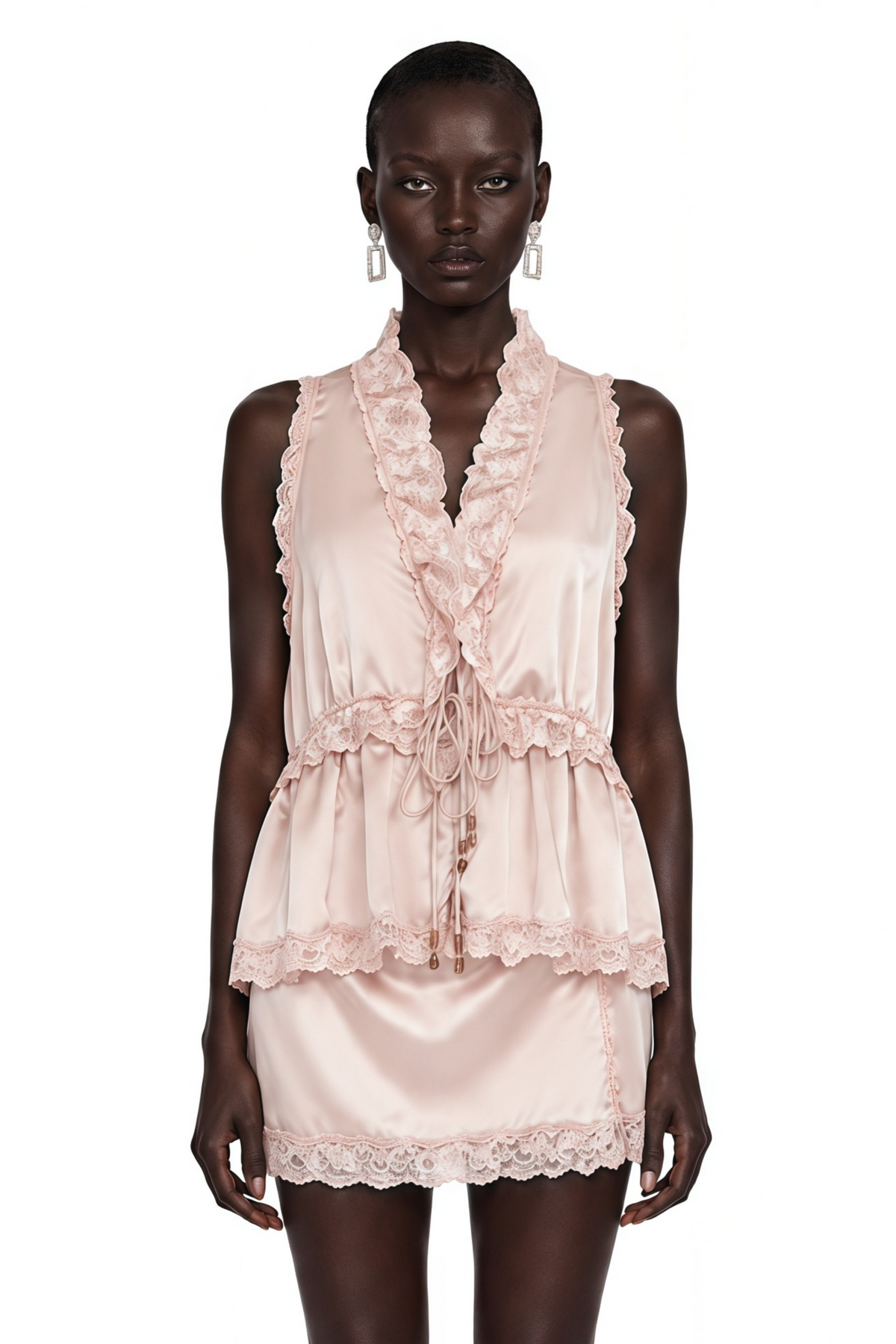 Megan Pink Ruffled Top with Lace Trim