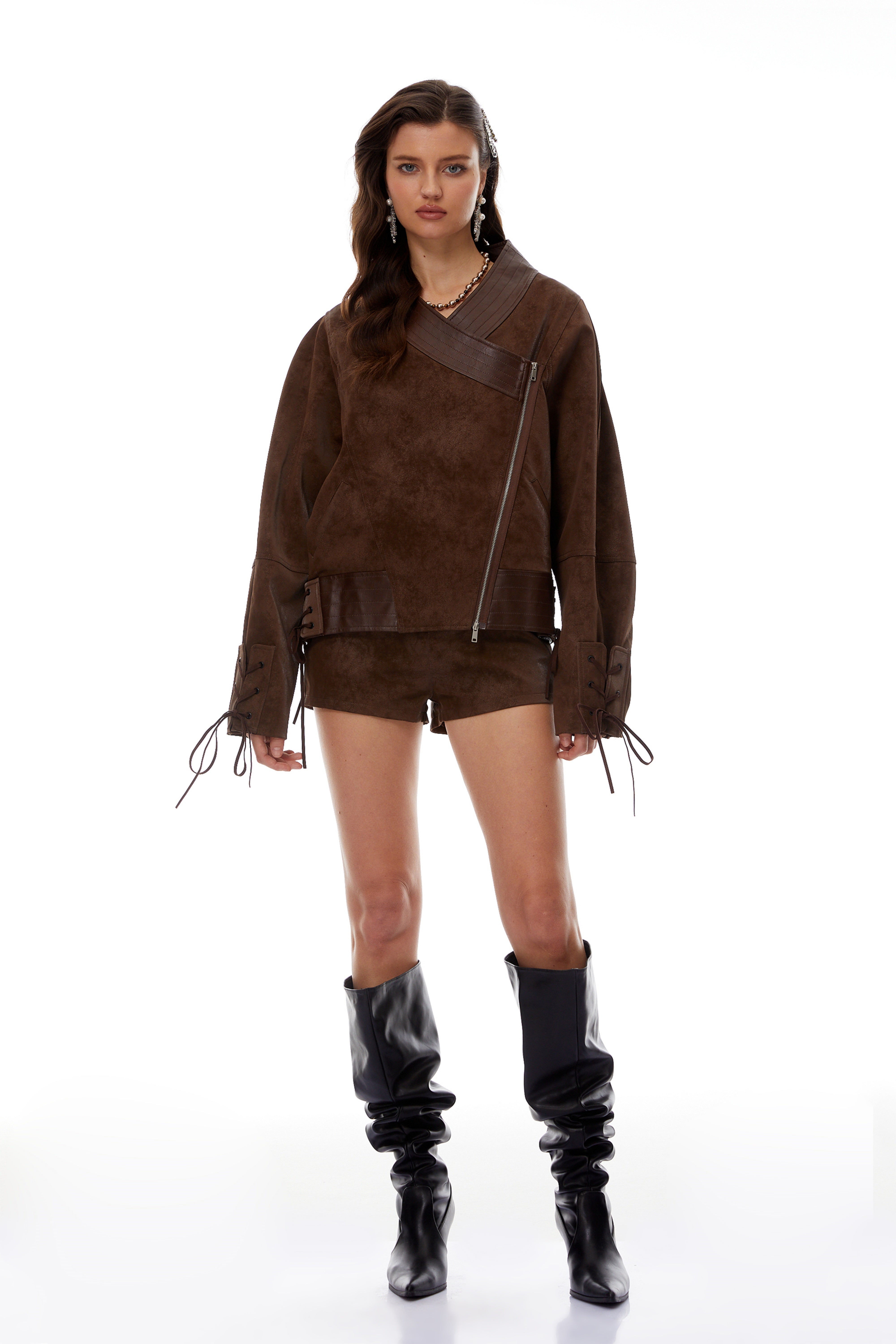 Mélanie Brown Suede Jacket & Shorts Set