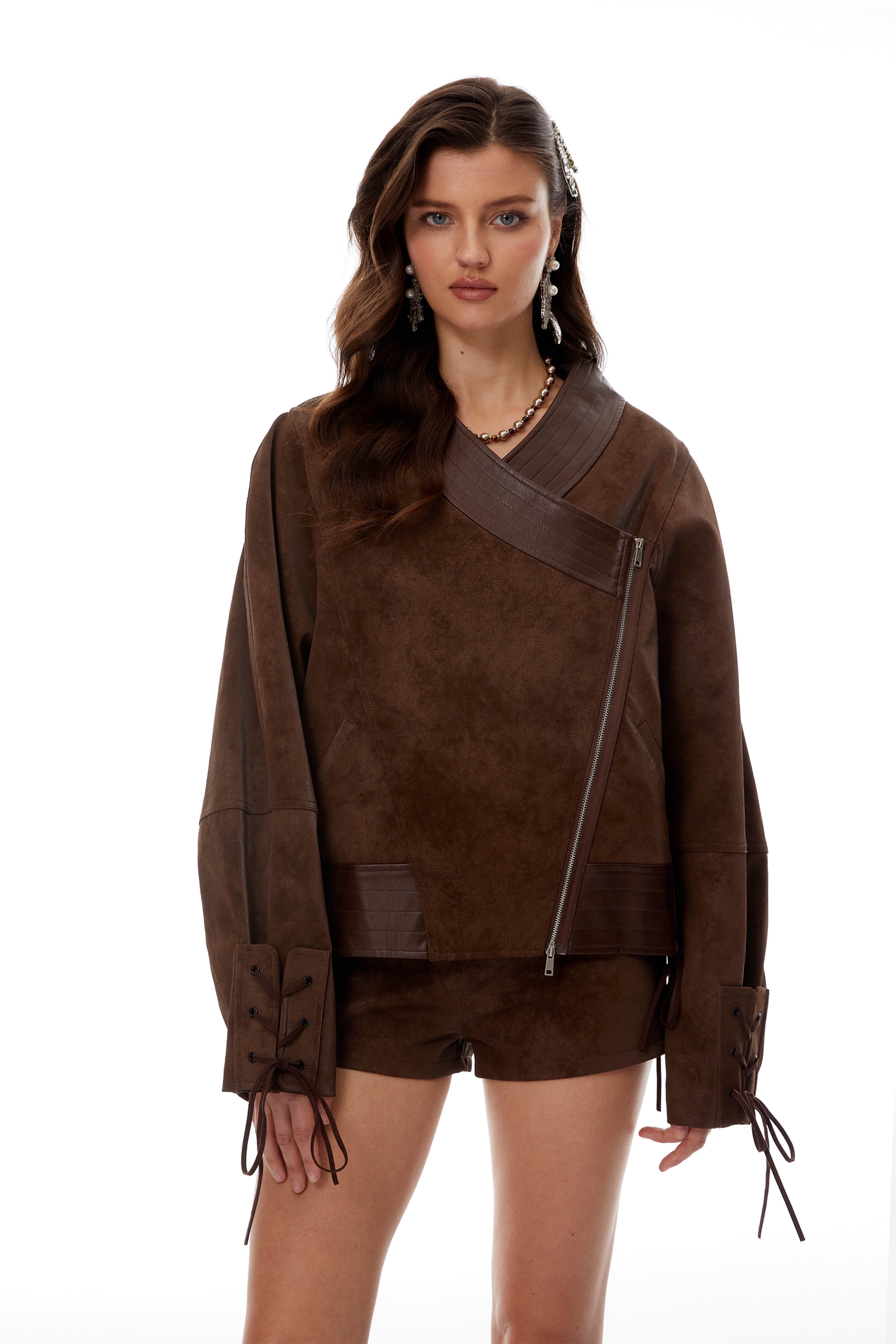 Mélanie Brown Suede Jacket & Shorts Set
