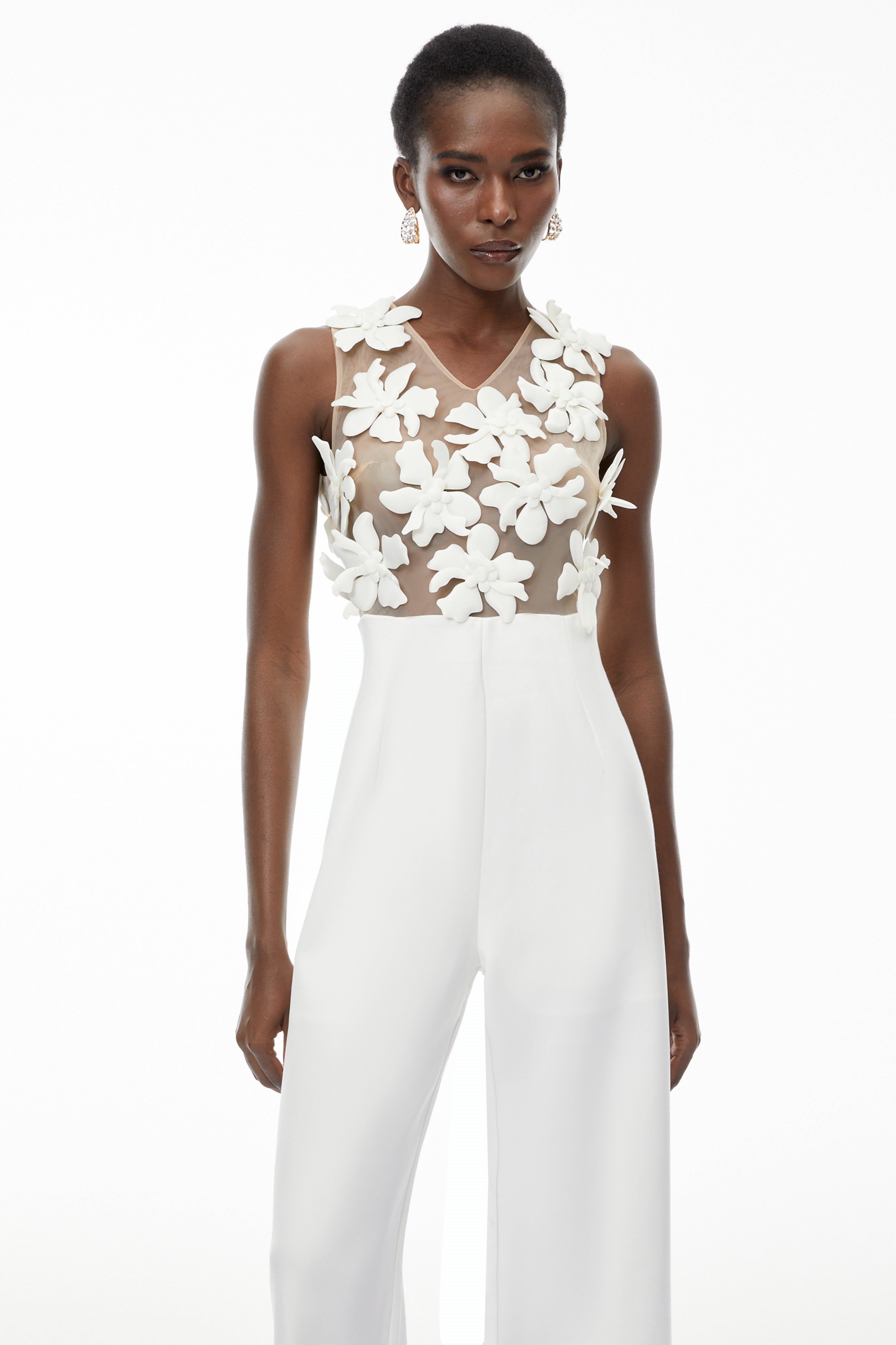 Melina White Sheer Jumpsuit with 3D Petals