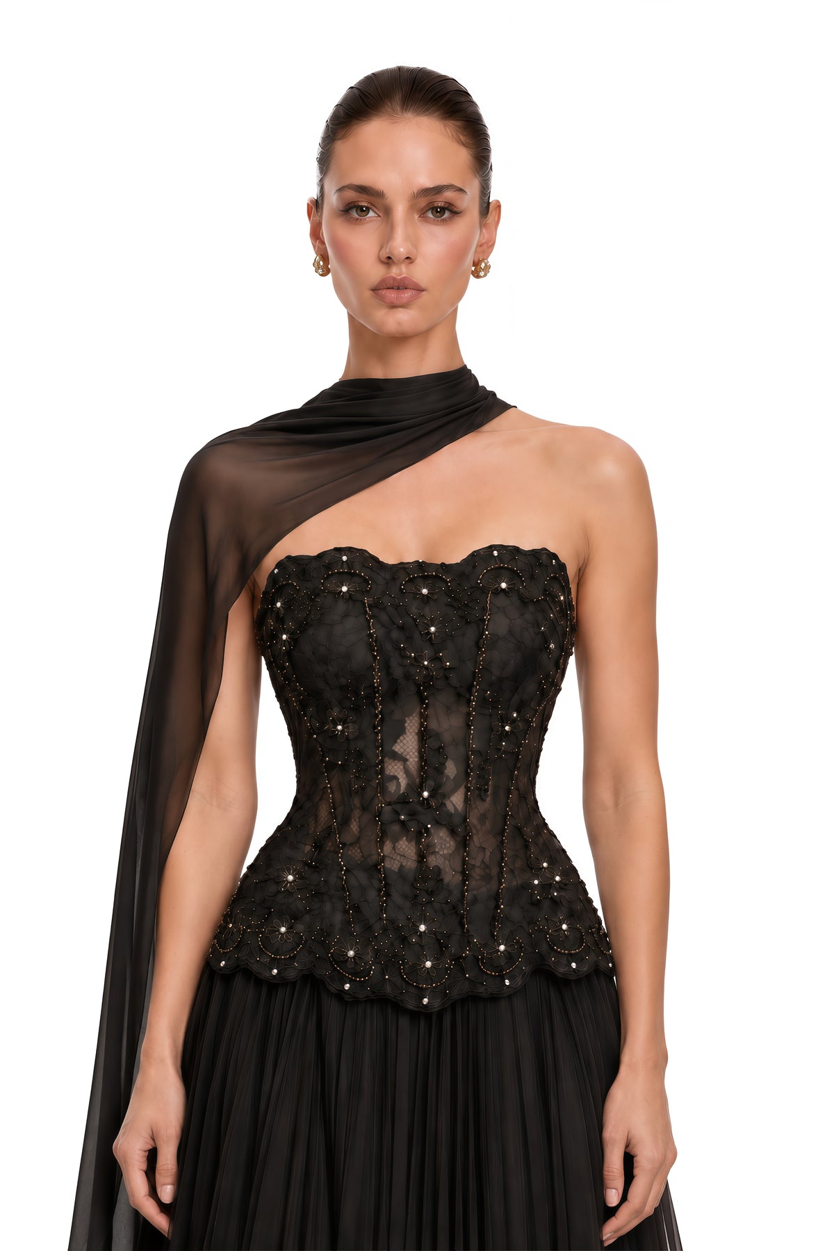 mercedes brown embellished corset top & pleated maxi skirt set