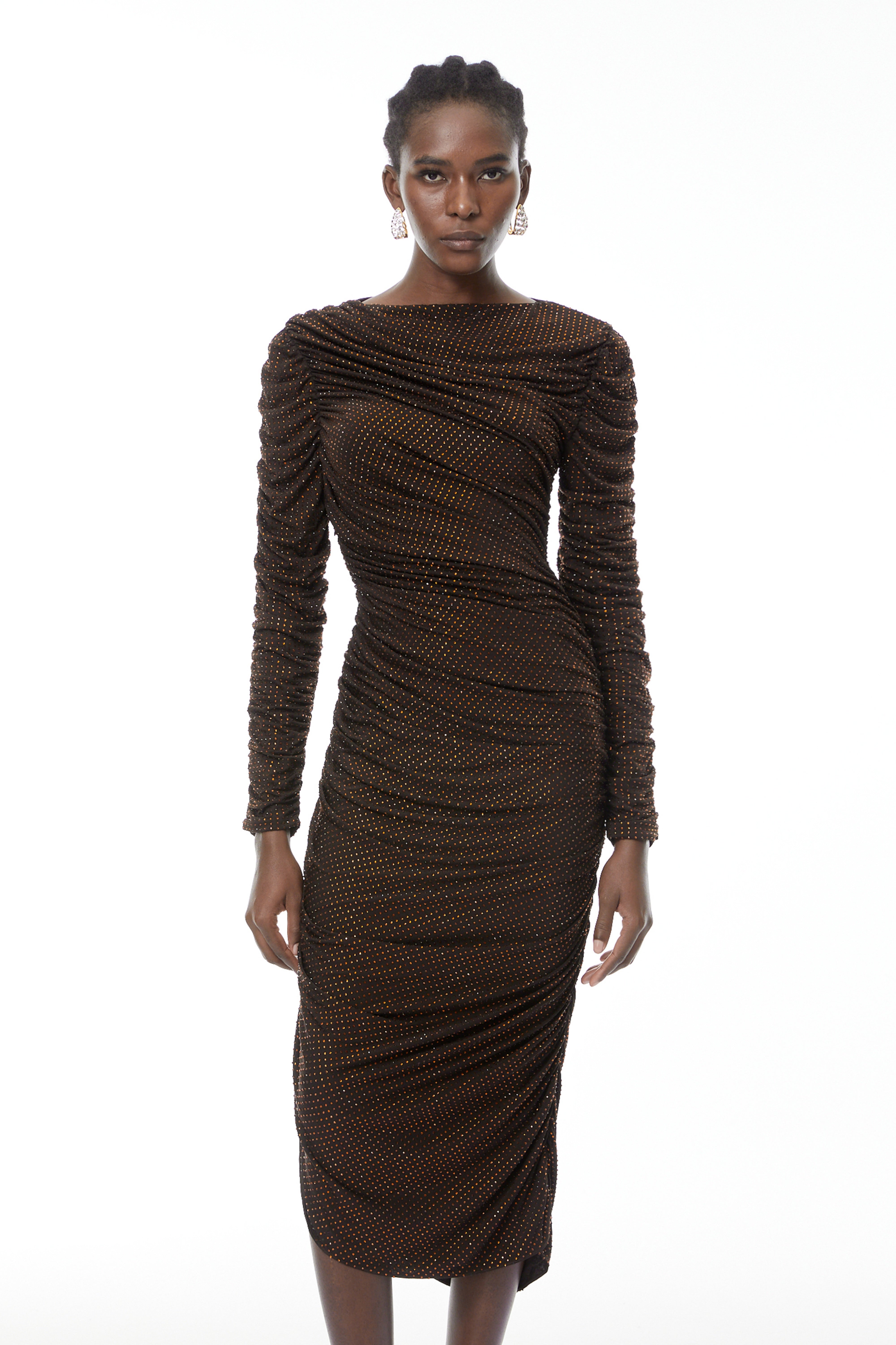 Mia Chocolate Brown Rhinestone Midi Dress (Final Sale)
