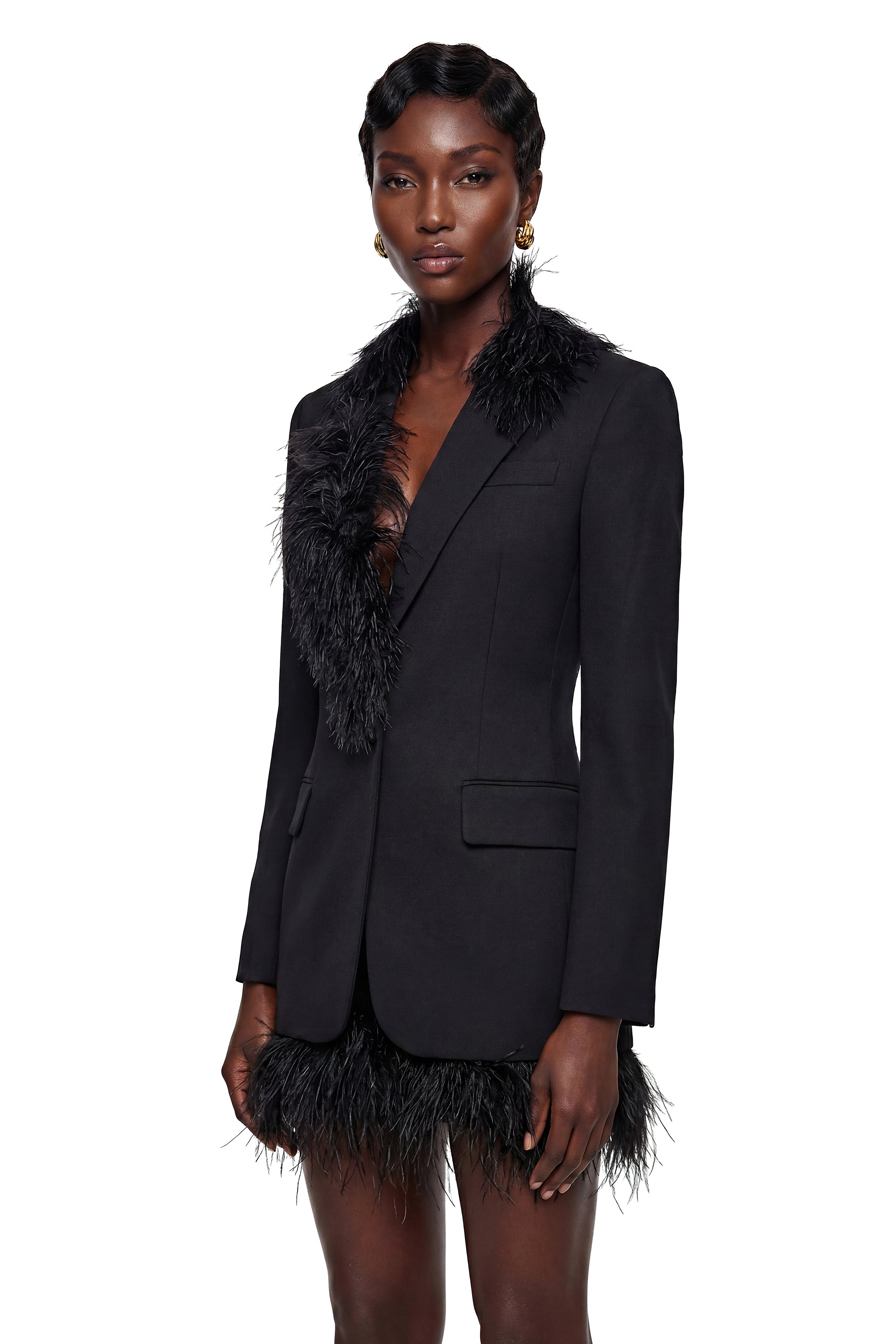 Michaela Black Blazer with Feather Trim