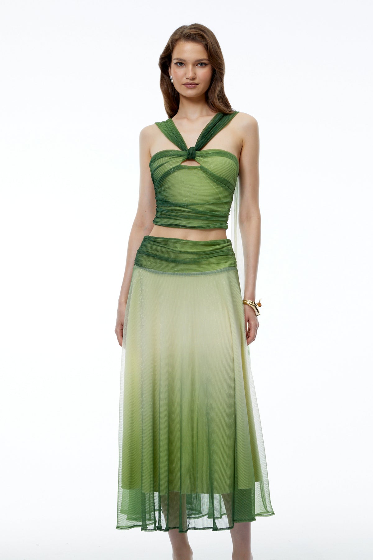 Mihi Green Sleeveless Ruched Top & Skirt Set