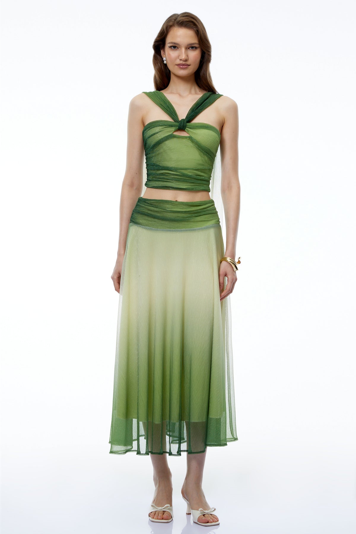 Mihi Green Sleeveless Ruched Top & Skirt Set