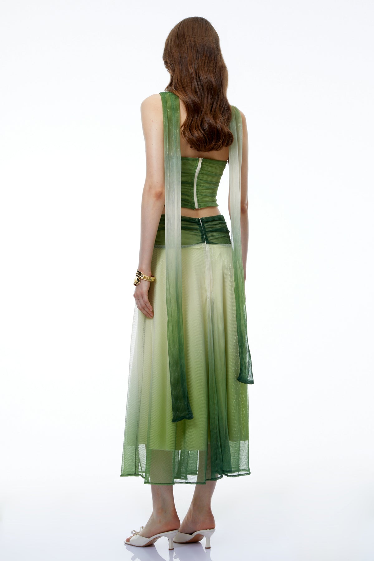 Mihi Green Sleeveless Ruched Top & Skirt Set