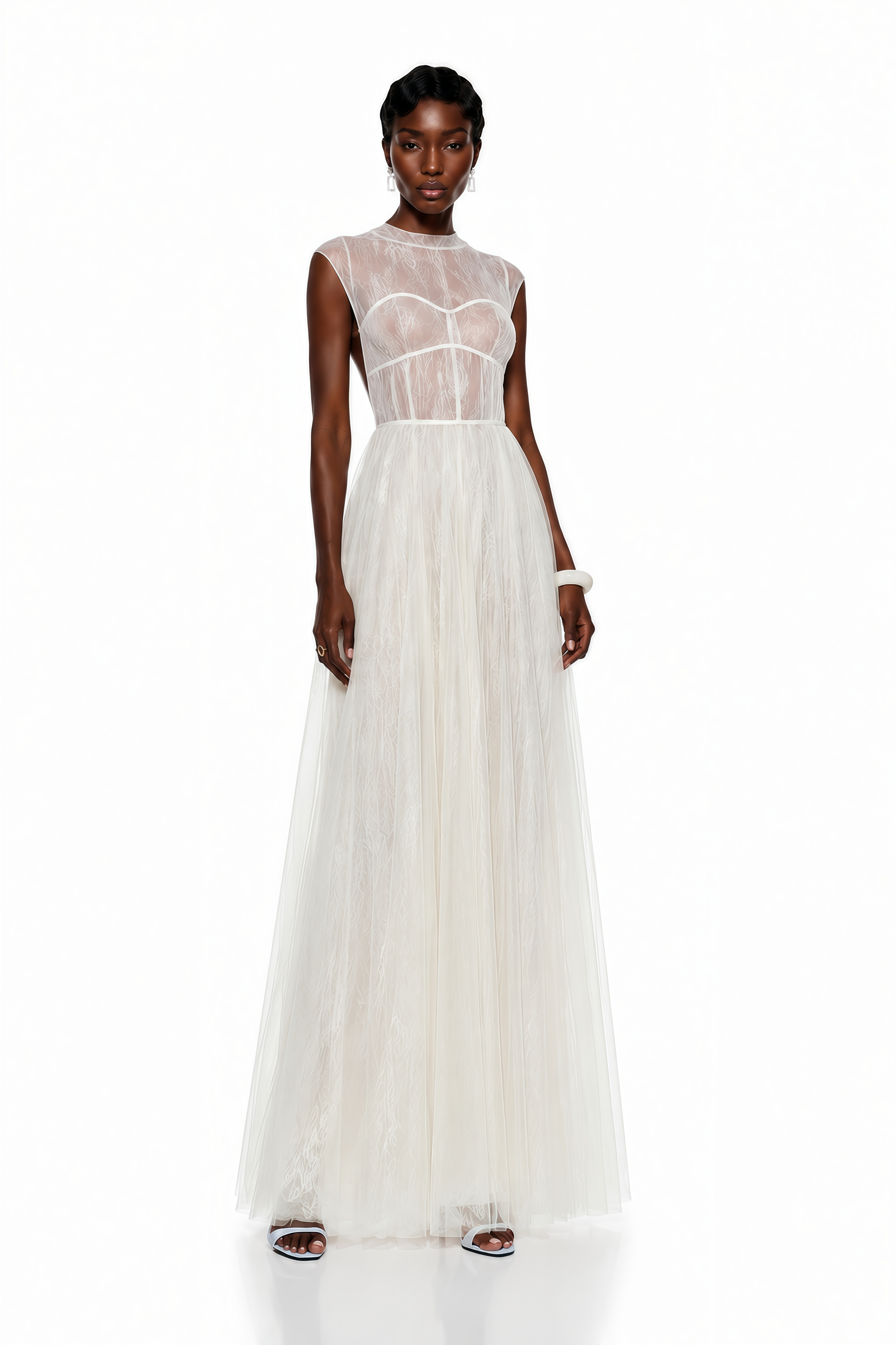 Mila Cream Semi-Sheer Tulle Midi Dress