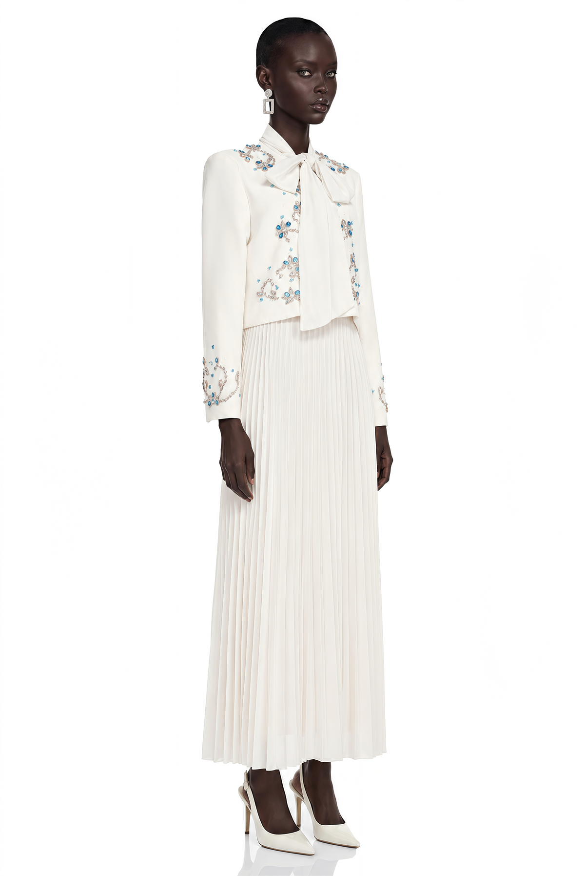 Mildred White Rhinestone Coat & Pleated Maxi Dress Set