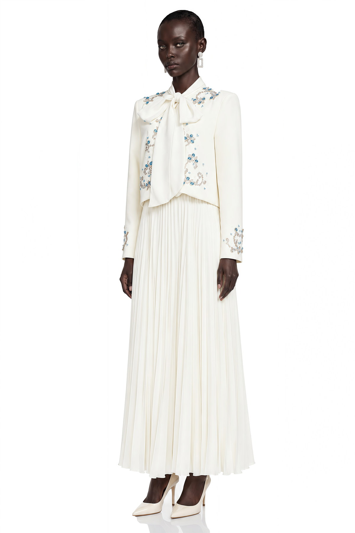 Mildred White Rhinestone Coat & Pleated Maxi Dress Set