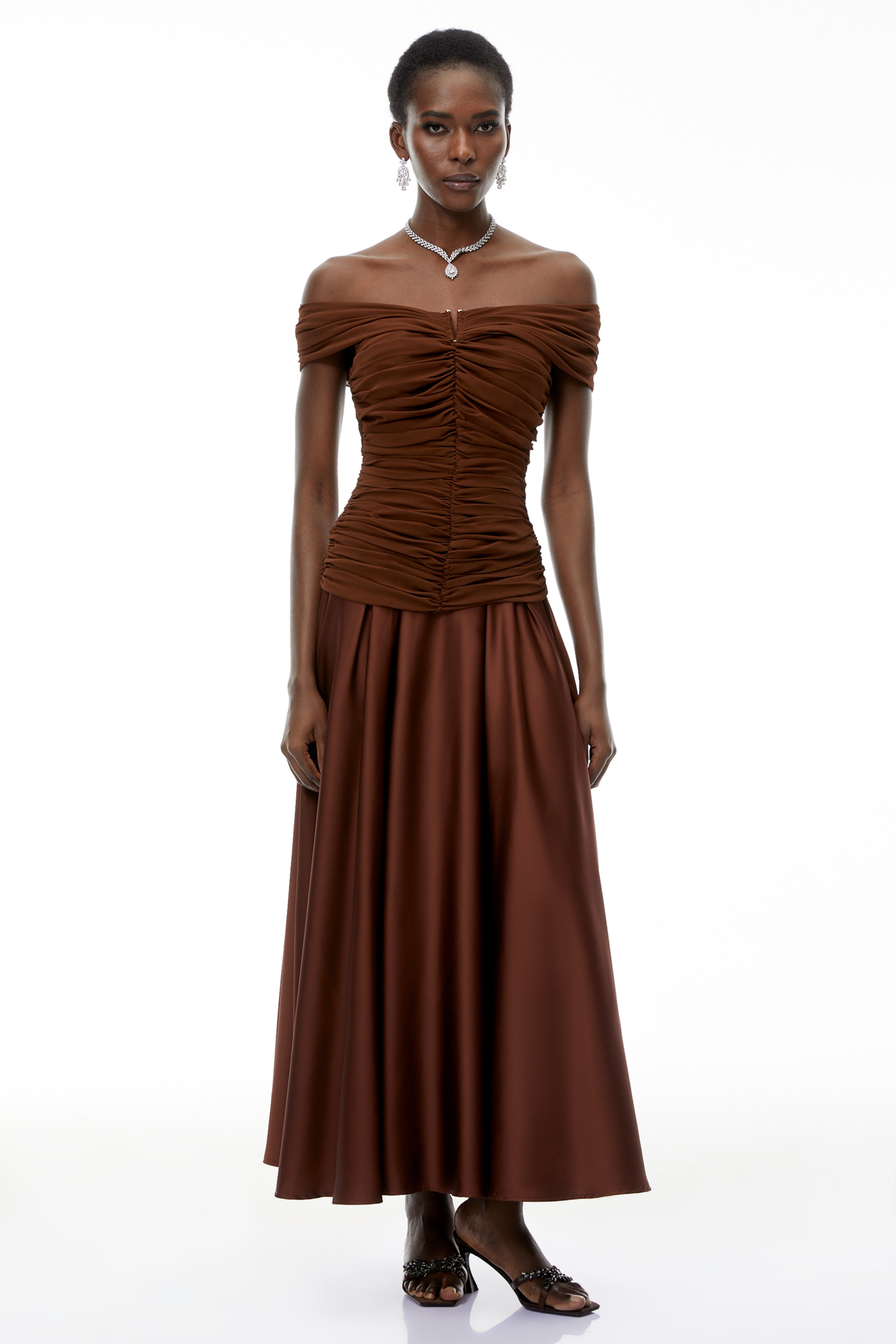 Milla Chocolate Brown Off Shoulder Maxi Dress