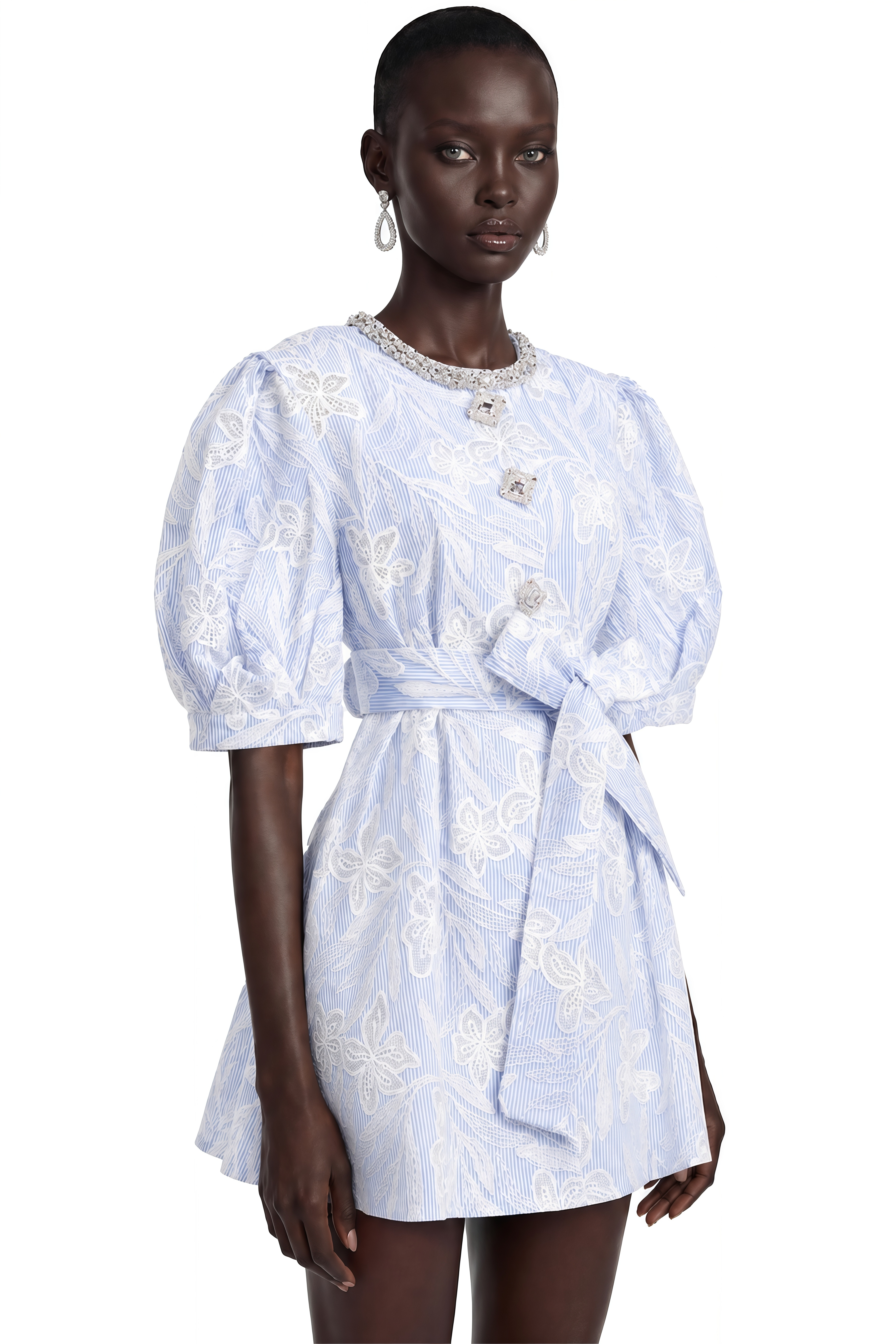 Minnie Light Blue Lace Mini Dress with Floral Embroidery