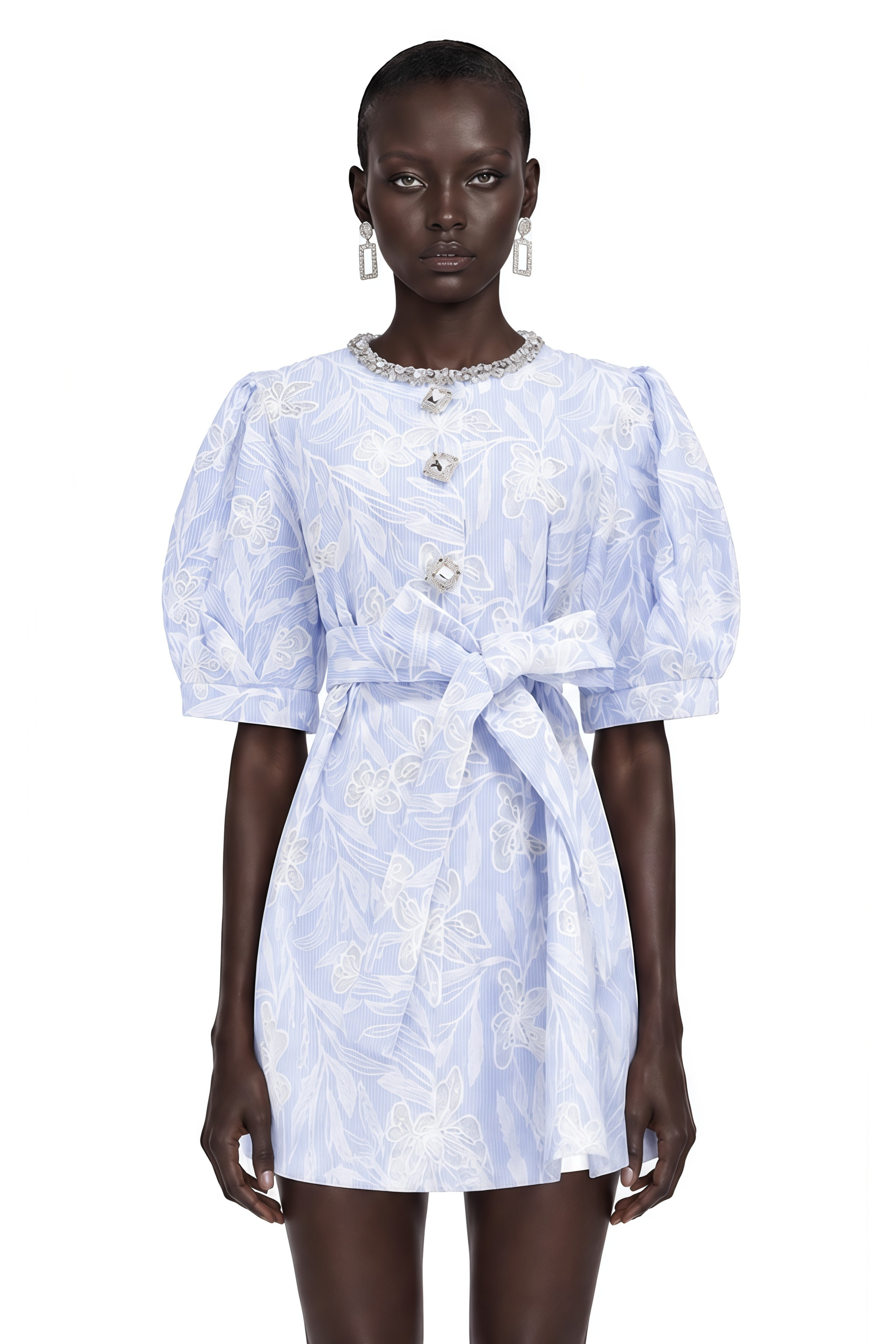Minnie Light Blue Lace Mini Dress with Floral Embroidery