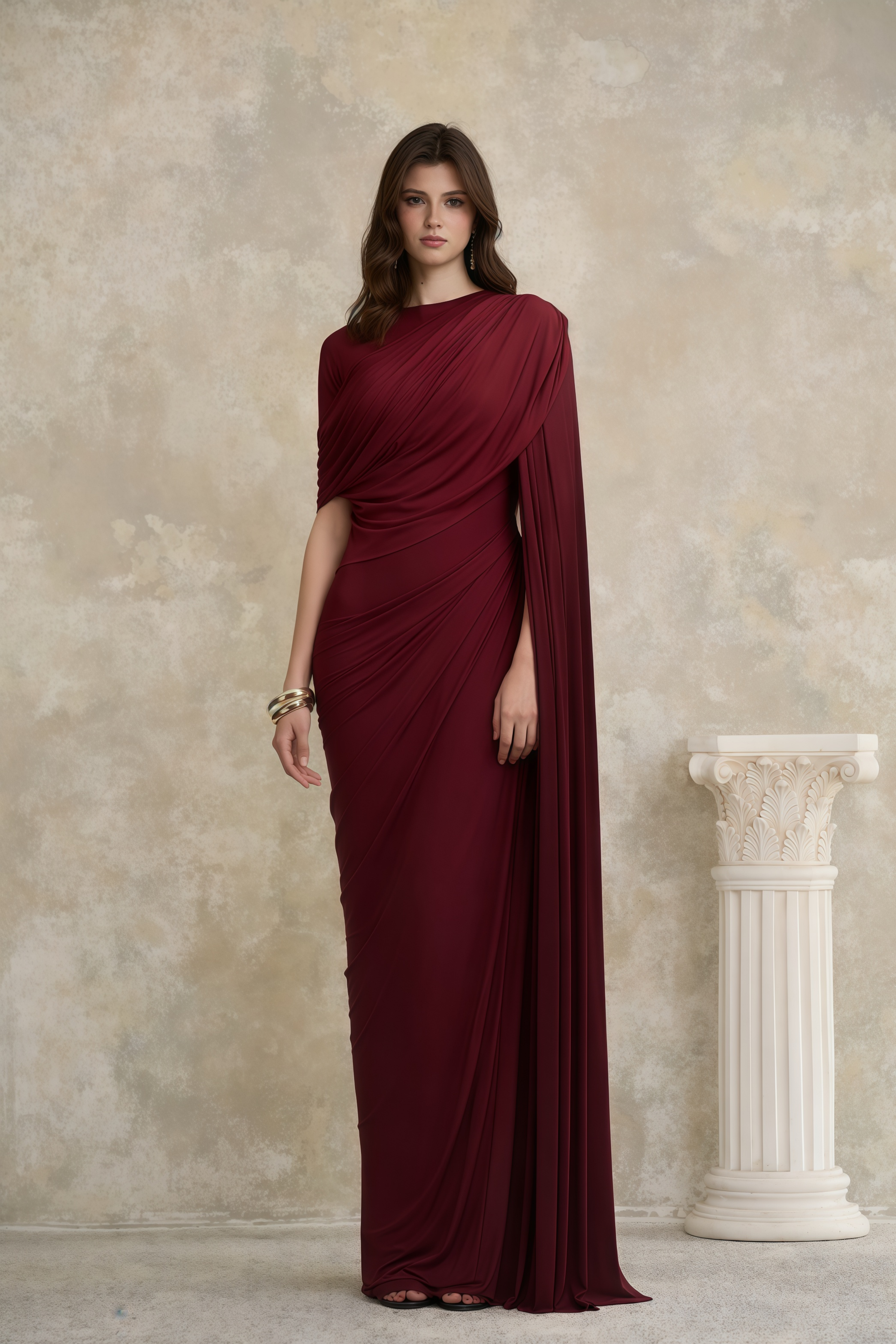 Mioara Red Asymmetrical Draped Cape Design Dress