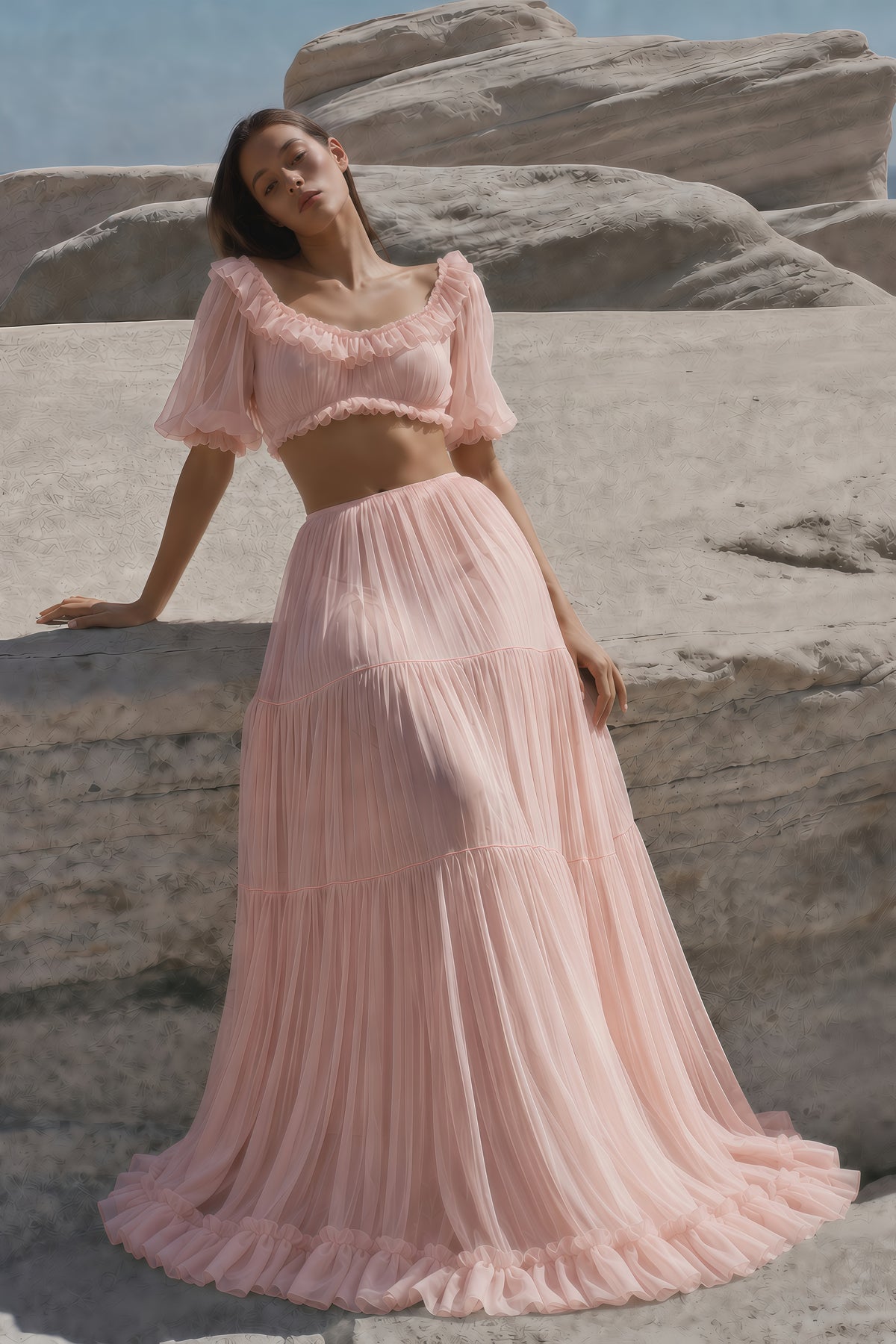 miranda pink puff sleeves crop top & ruffled skirt set