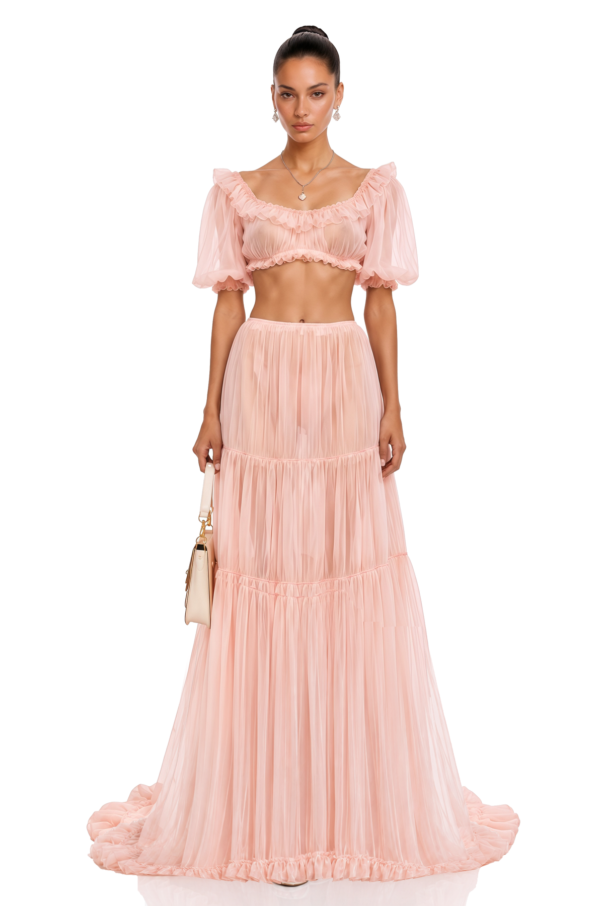 miranda pink puff sleeves crop top & ruffled skirt set