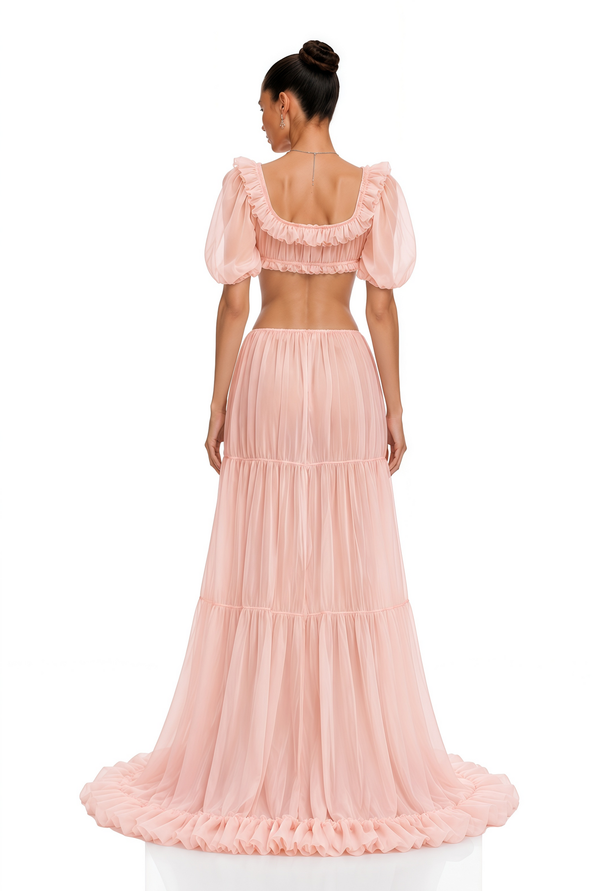 miranda pink puff sleeves crop top & ruffled skirt set