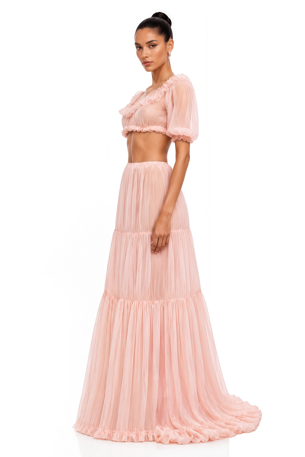 miranda pink puff sleeves crop top & ruffled skirt set