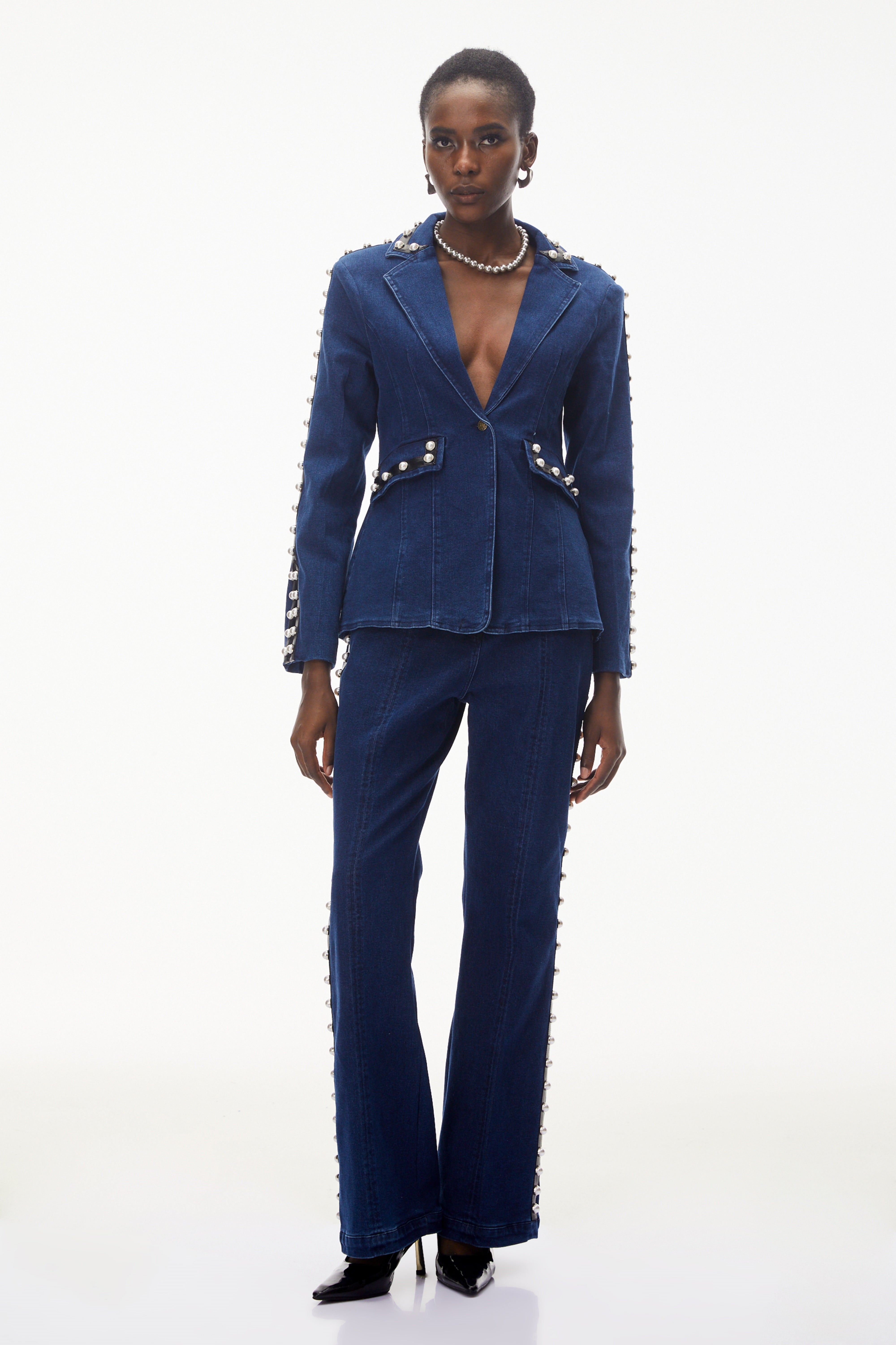 Morgause Blue Embellished Denim Jacket & Trouser Set