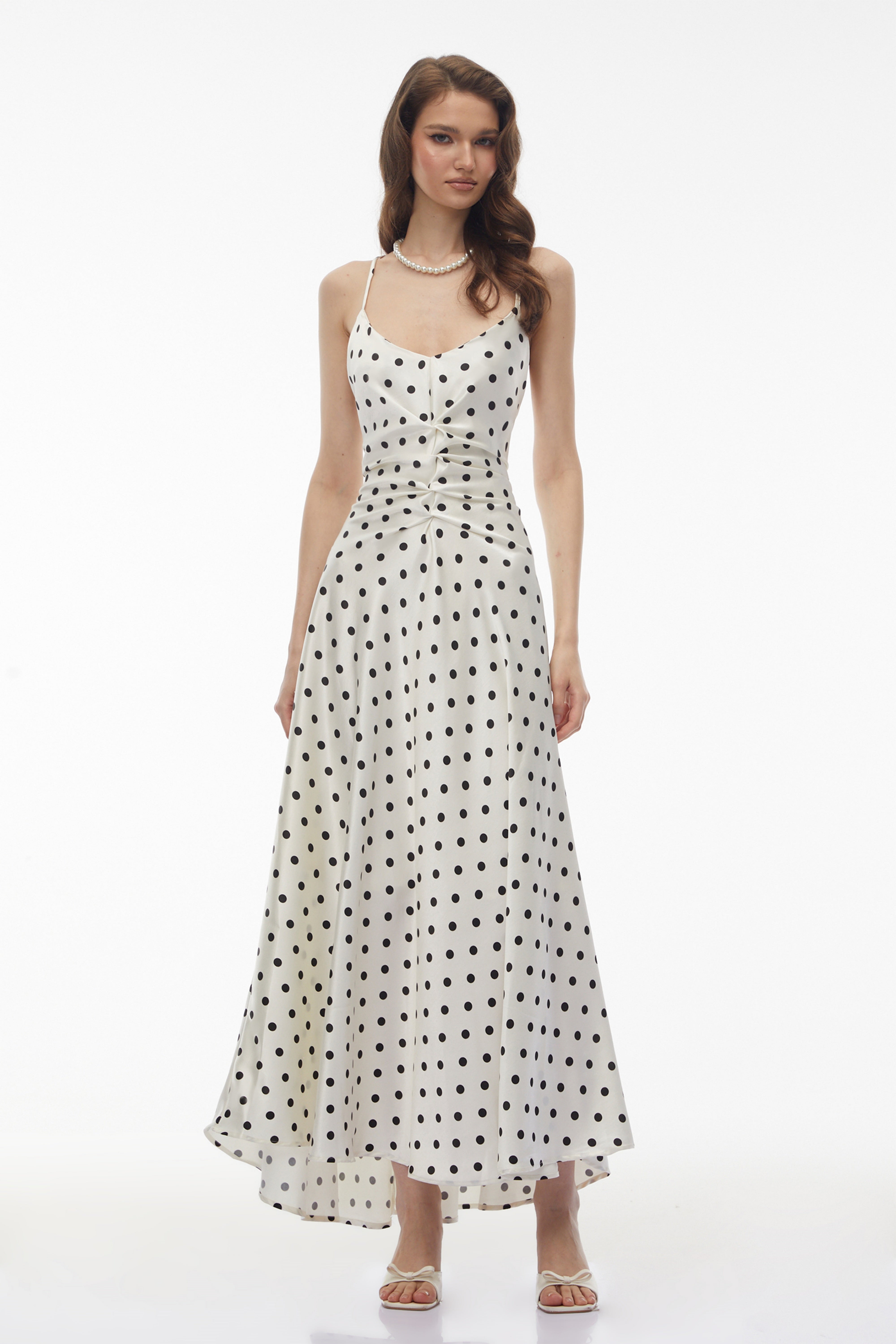 Morgause White Polka Dot Ruched Maxi Dress