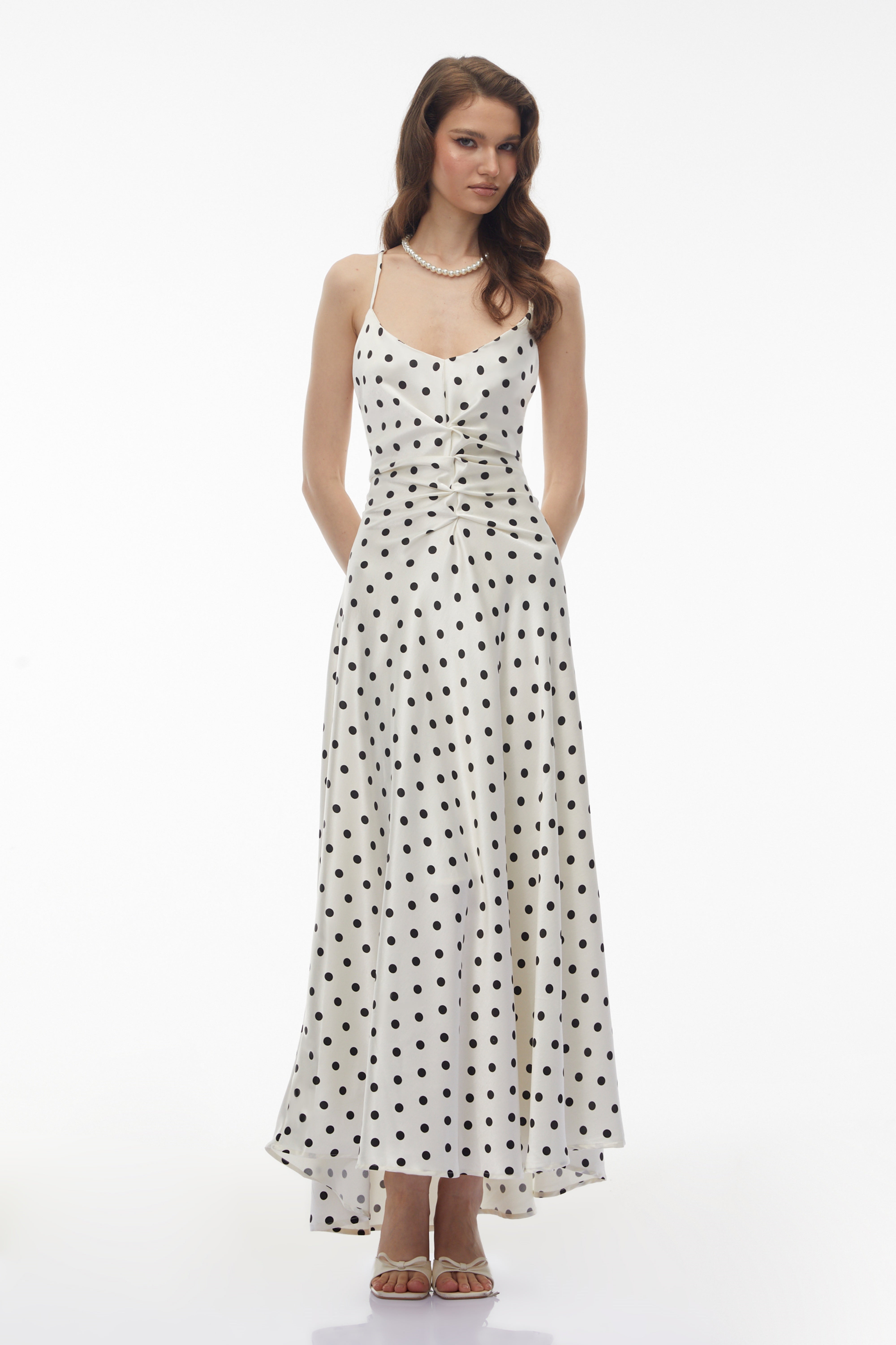 Morgause White Polka Dot Ruched Maxi Dress