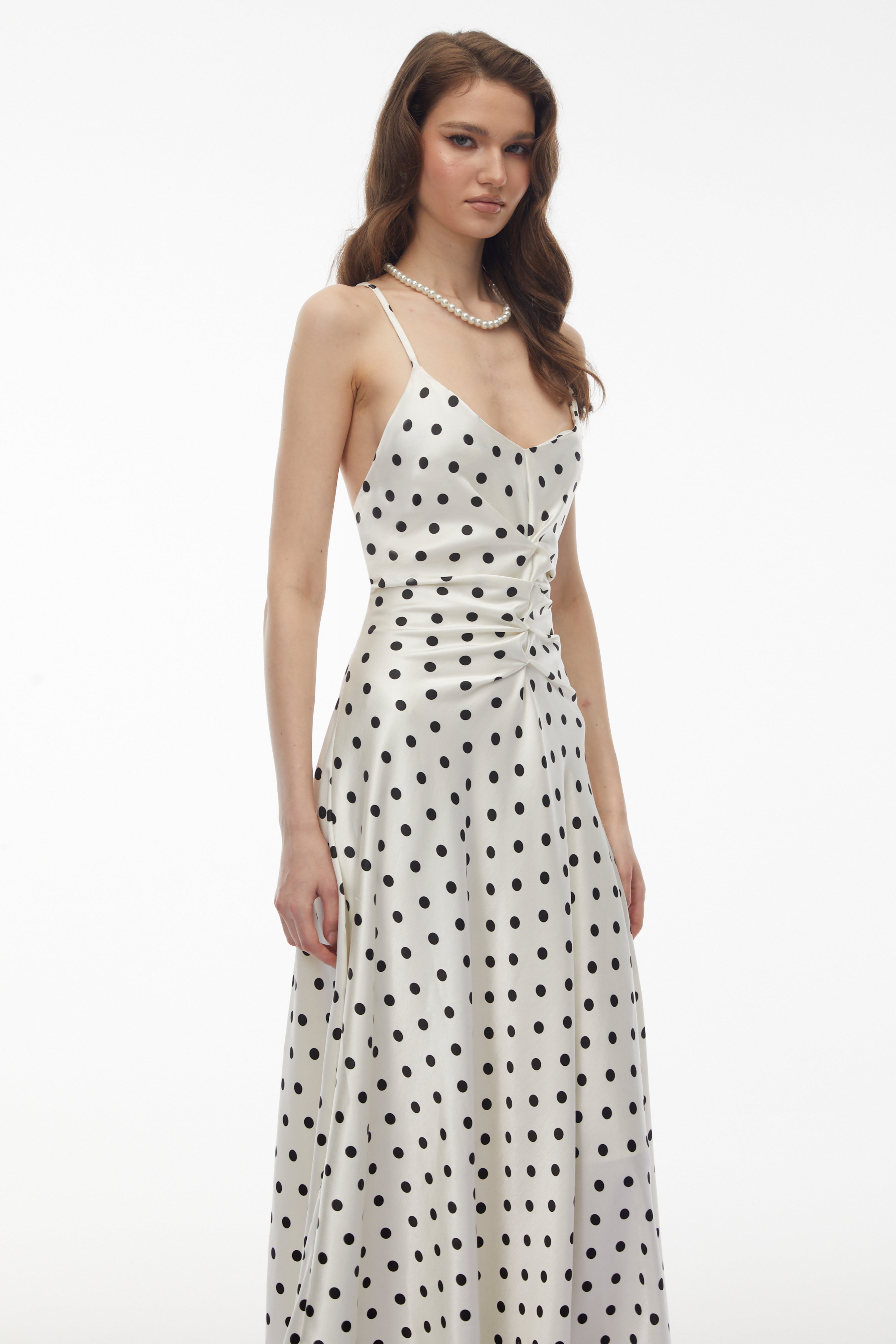 Morgause White Polka Dot Ruched Maxi Dress