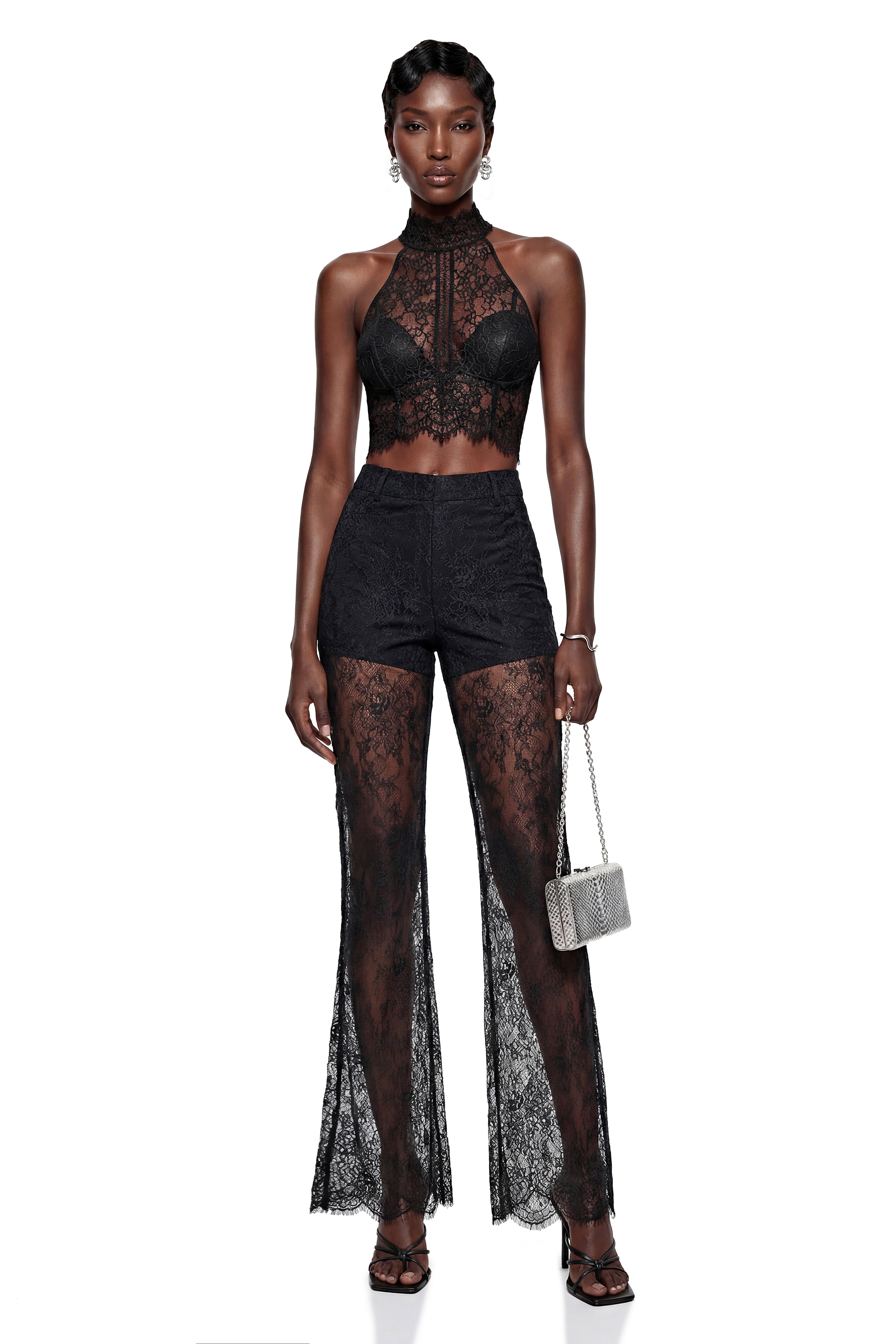 Munirah Black Semi-Sheer Lace Trousers