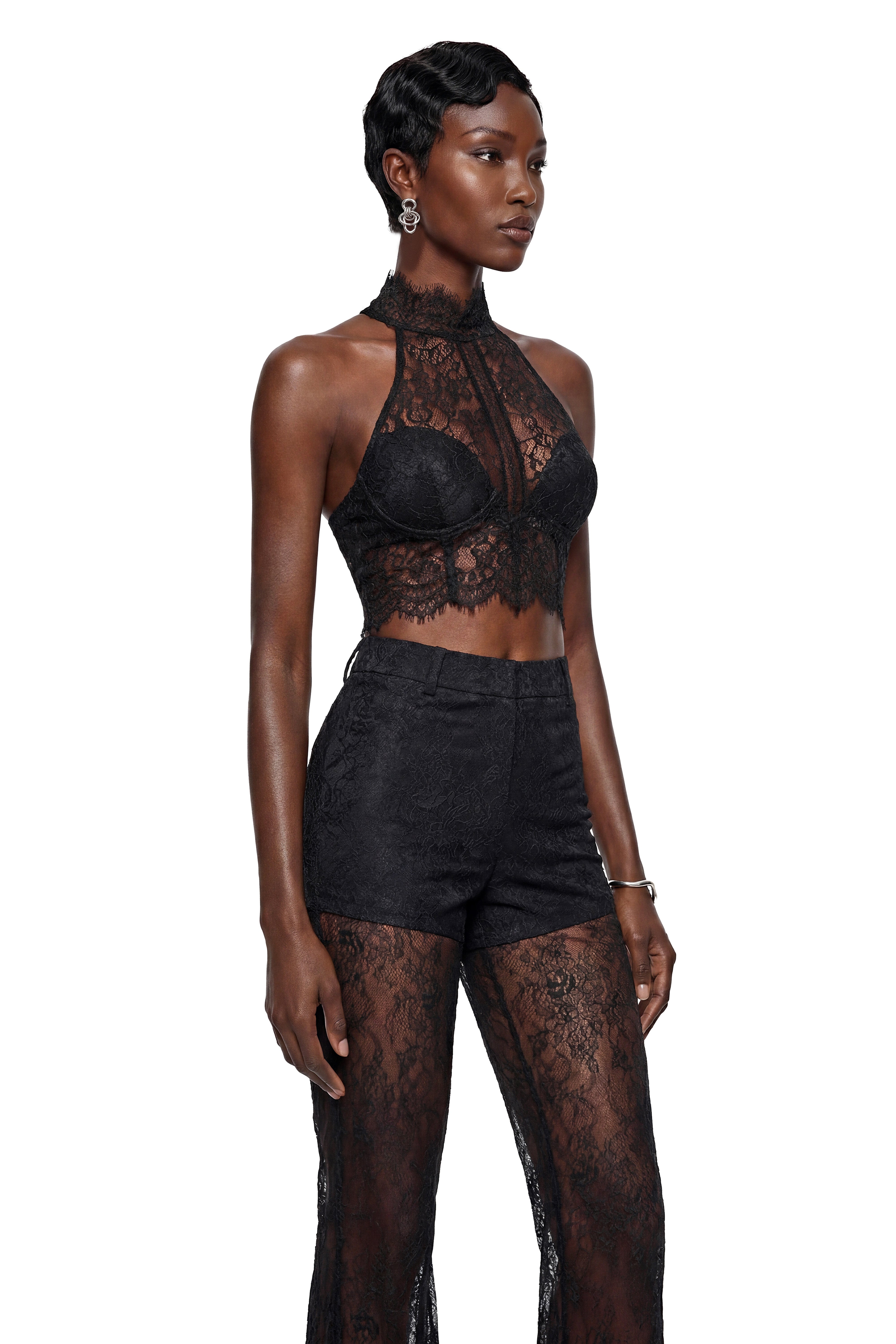 Munirah Black Semi-Sheer Lace Trousers
