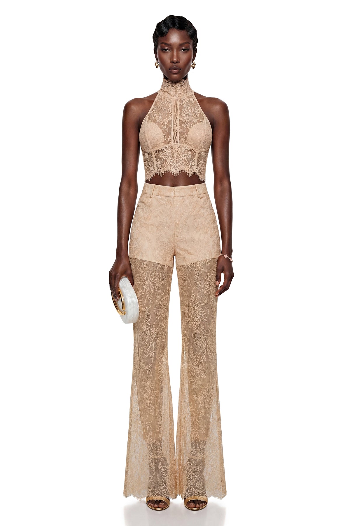 Munirah Neutral Semi-Sheer Lace Trousers