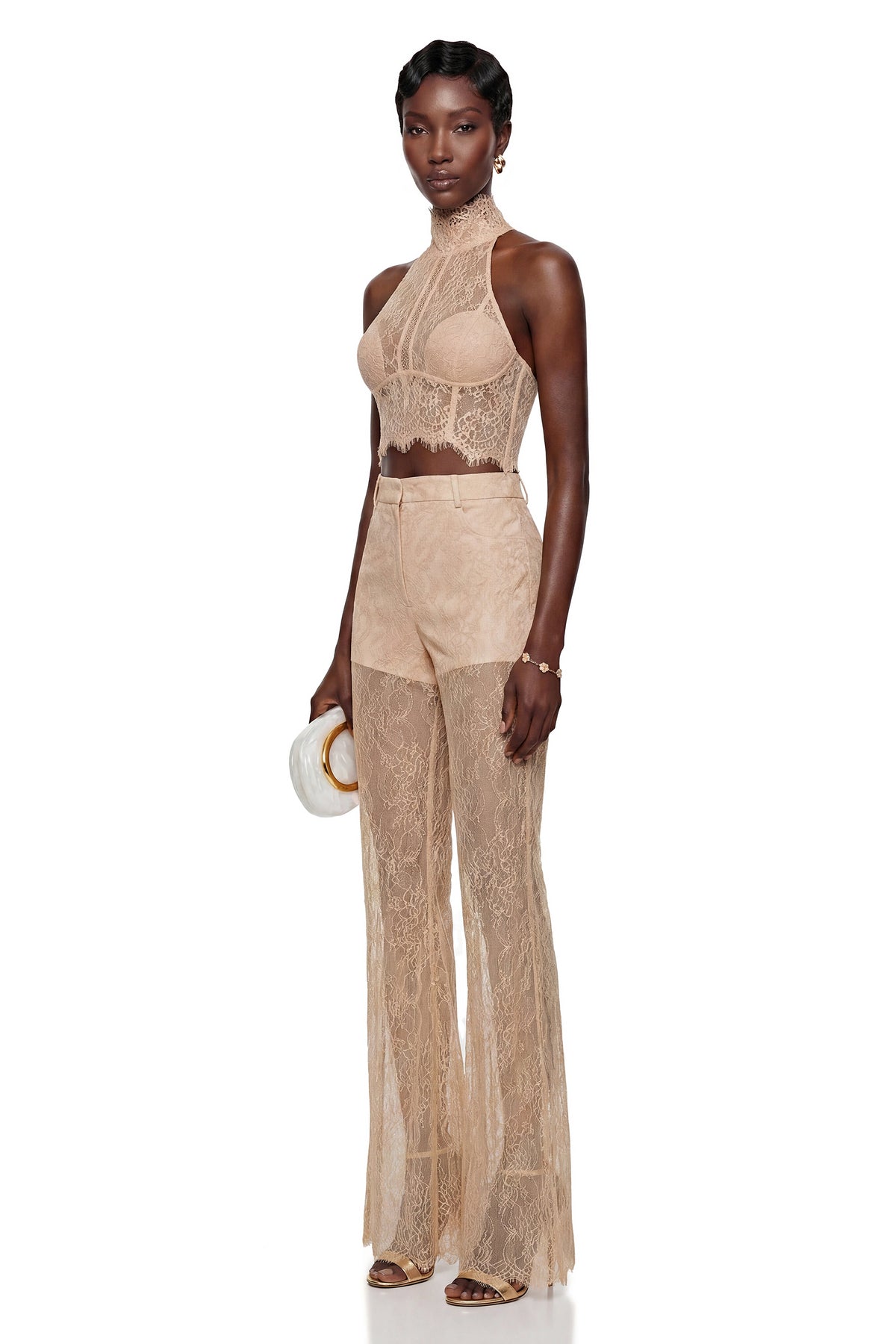 Munirah Neutral Semi-Sheer Lace Trousers