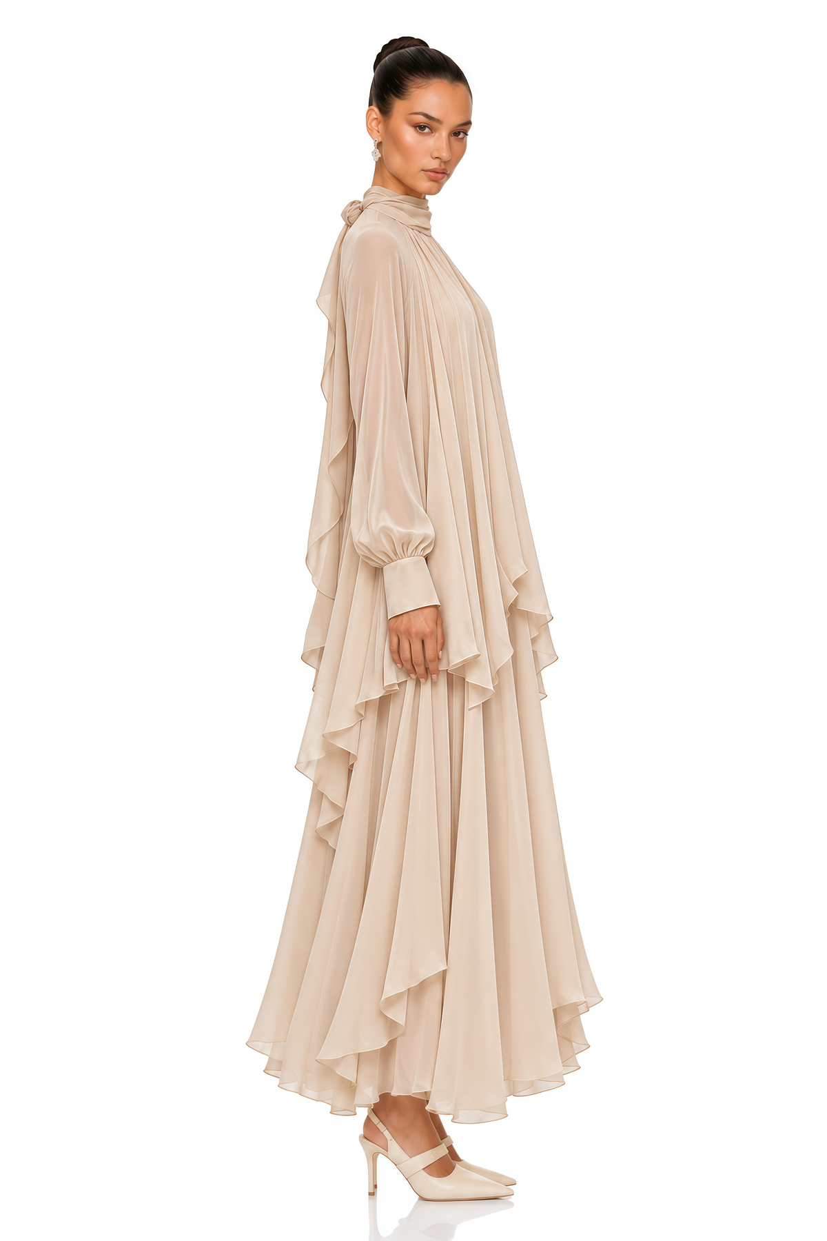 myia neutral high neck long sleeve blouse & maxi skirt set