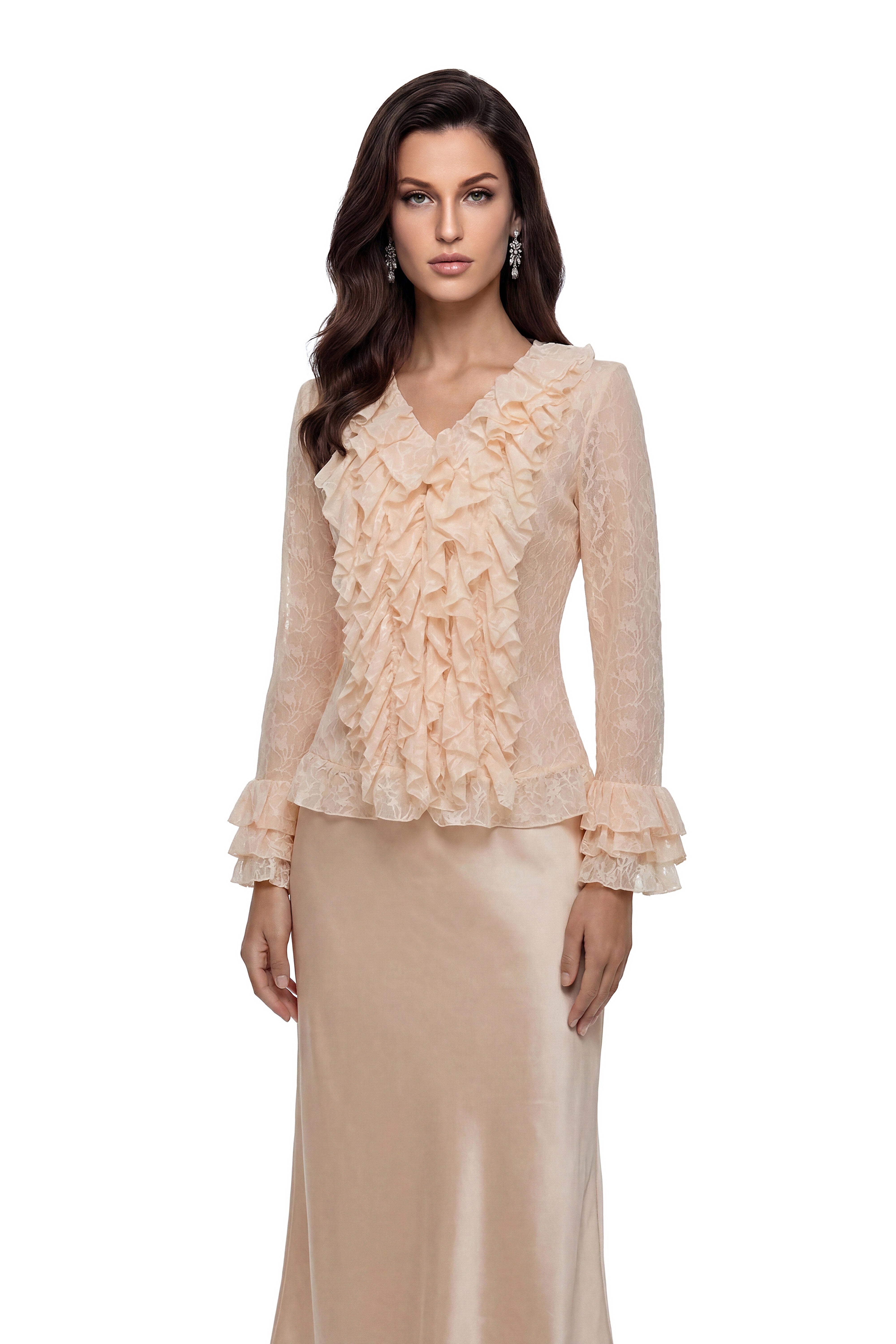 Naama Cream Plunge Neck Ruffled Blouse