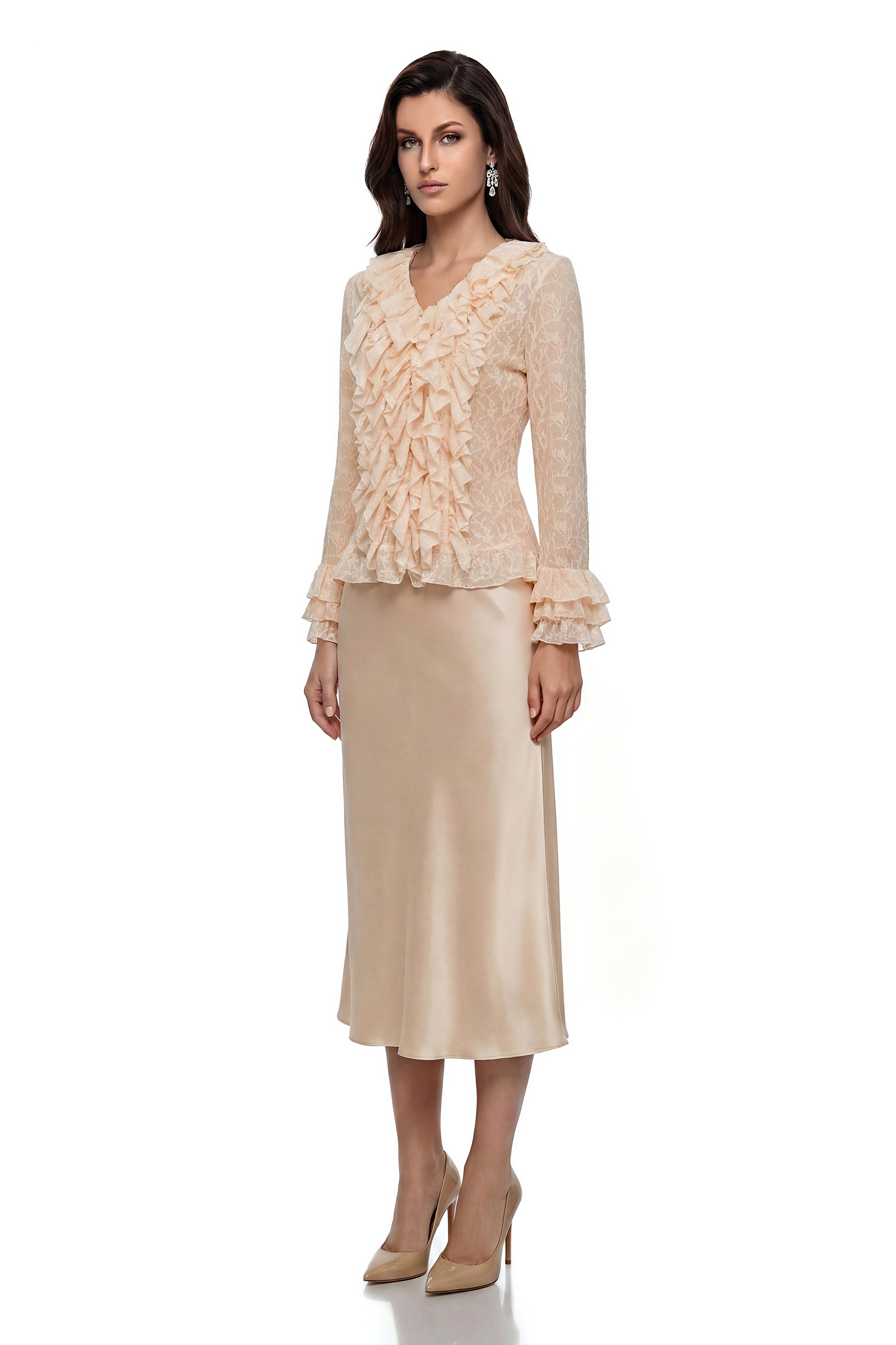 Naama Cream Plunge Neck Ruffled Blouse
